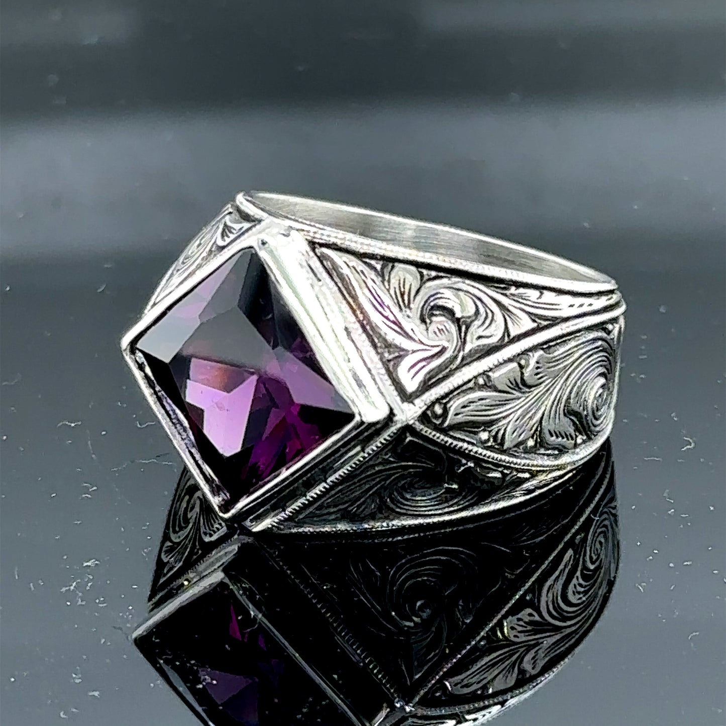 Silver Square Cut Amethyst Engraved Vintage Engagement Ring