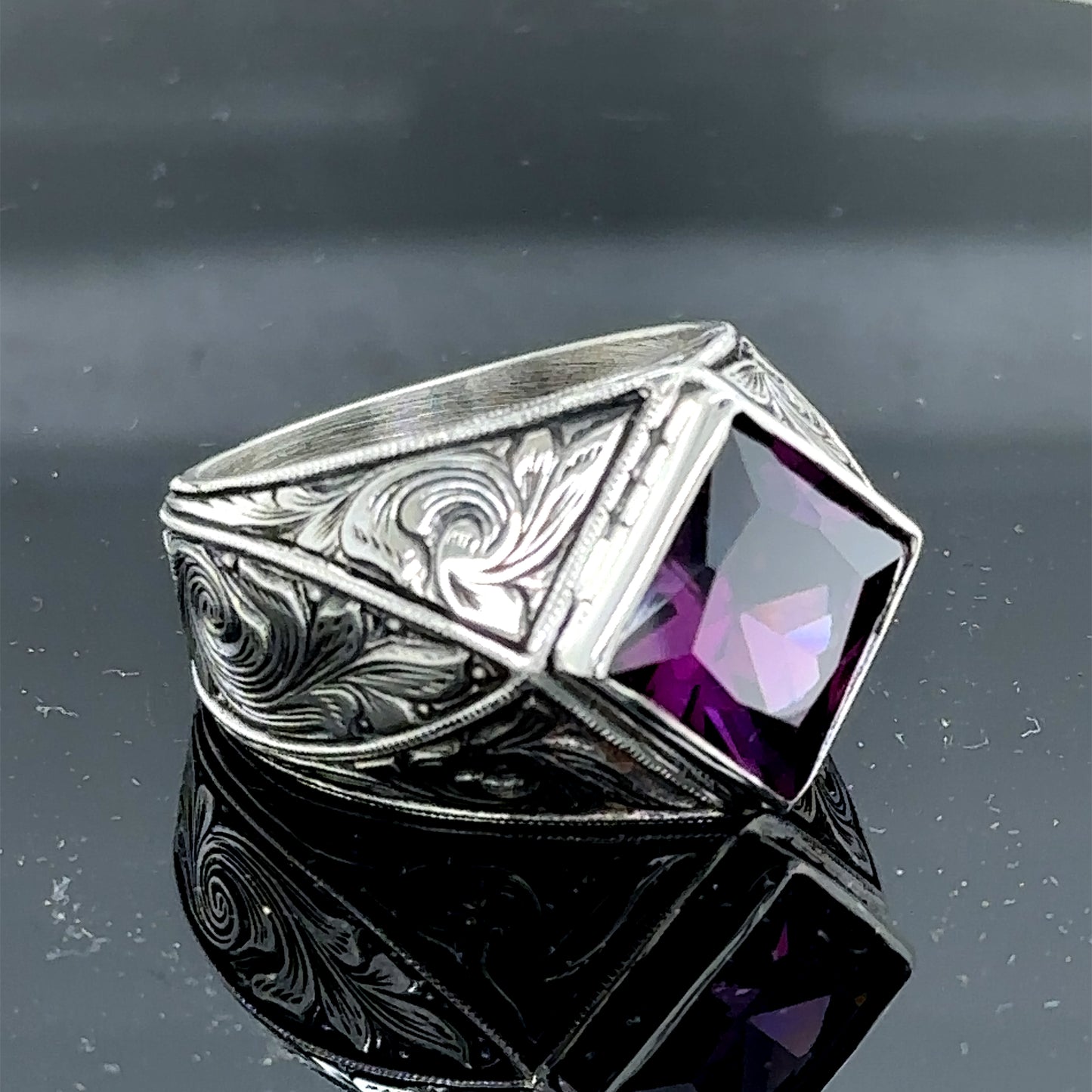 Silver Square Cut Amethyst Engraved Vintage Engagement Ring