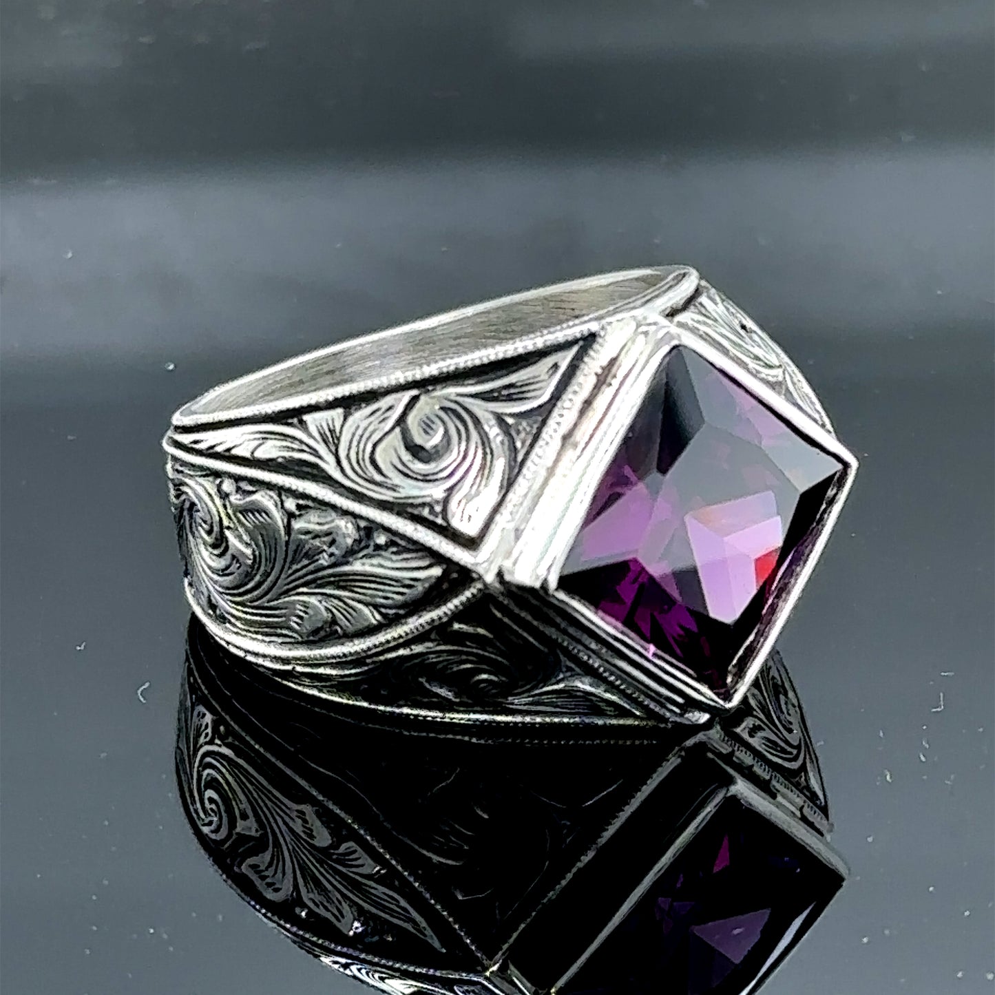 Silver Square Cut Amethyst Engraved Vintage Engagement Ring