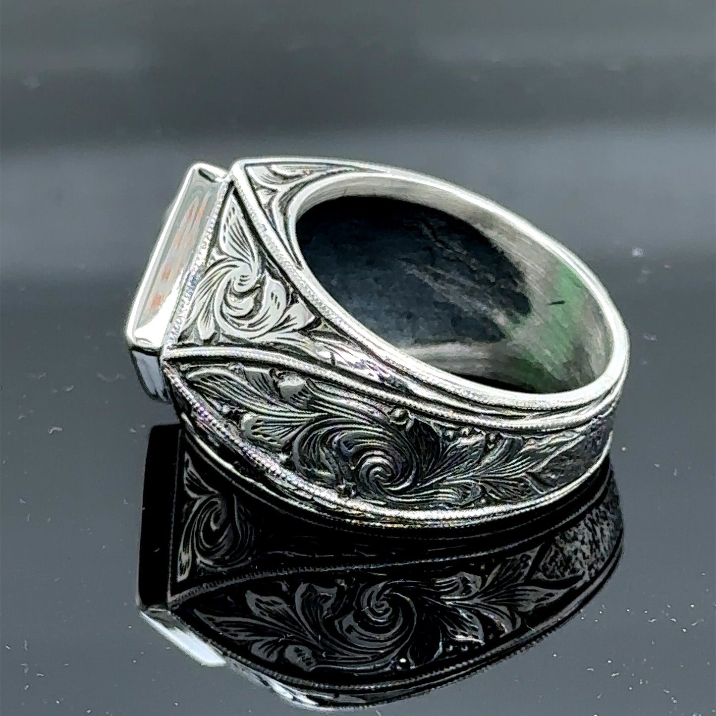 Men Engraved Emerald Gemstone Square Cut Green Stone Ring