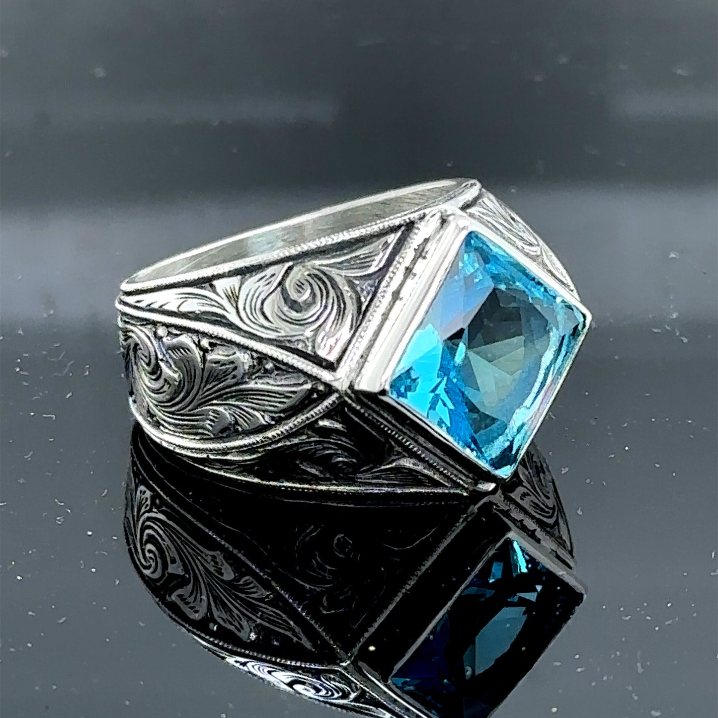 Men Handmade Square Aquamarine Stone Engraved Ring