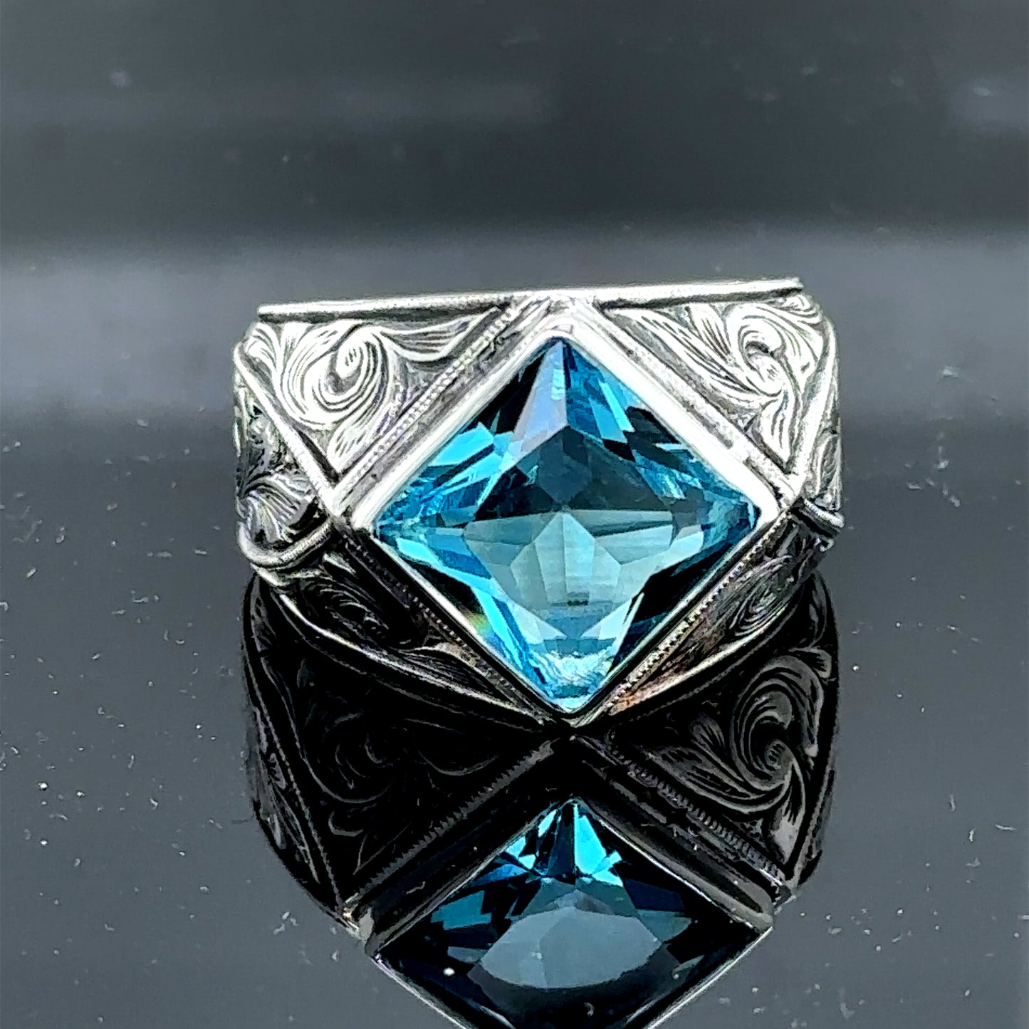 Men Handmade Square Aquamarine Stone Engraved Ring