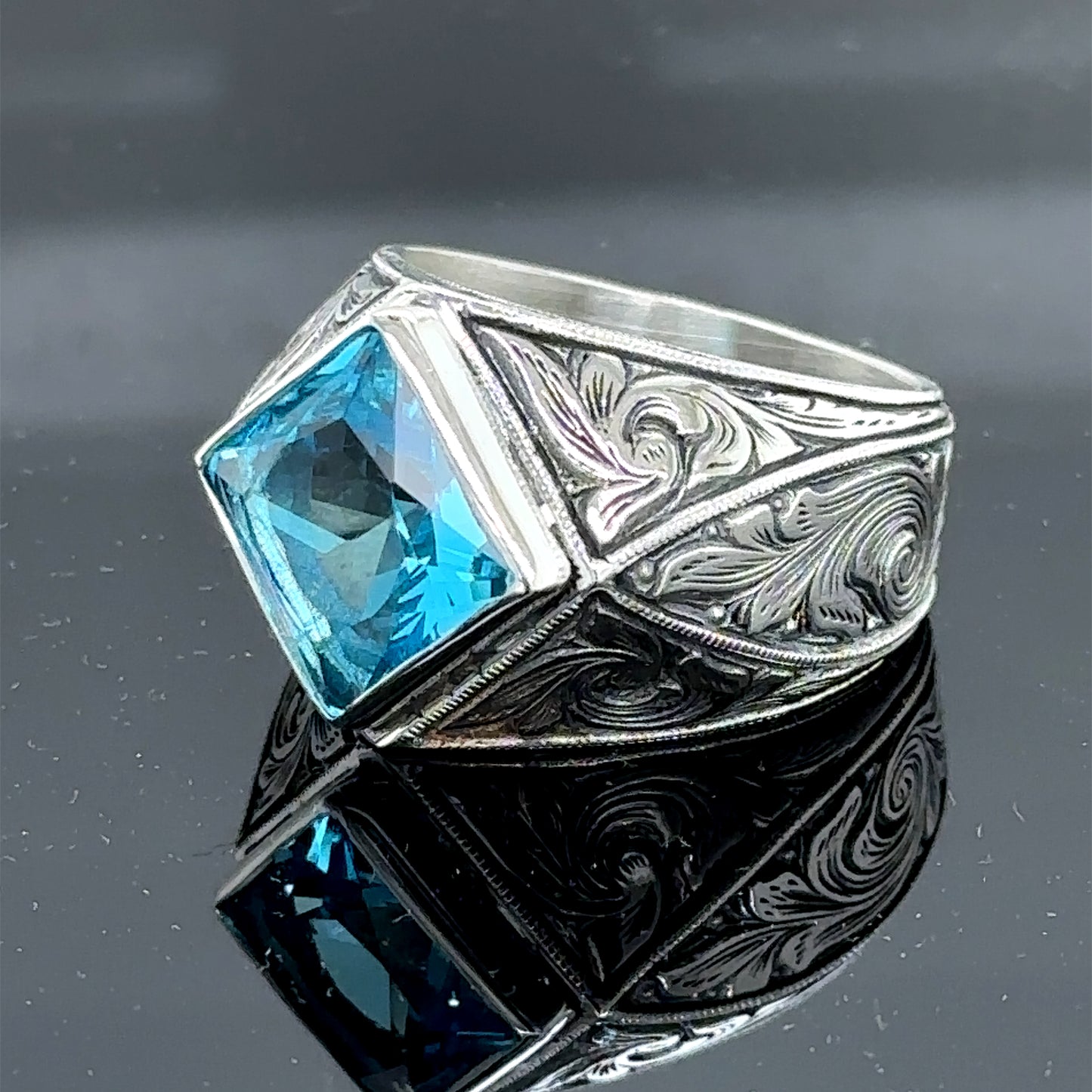 Men Handmade Square Aquamarine Stone Engraved Ring