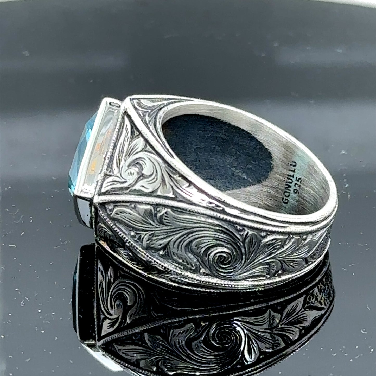 Men Handmade Square Aquamarine Stone Engraved Ring