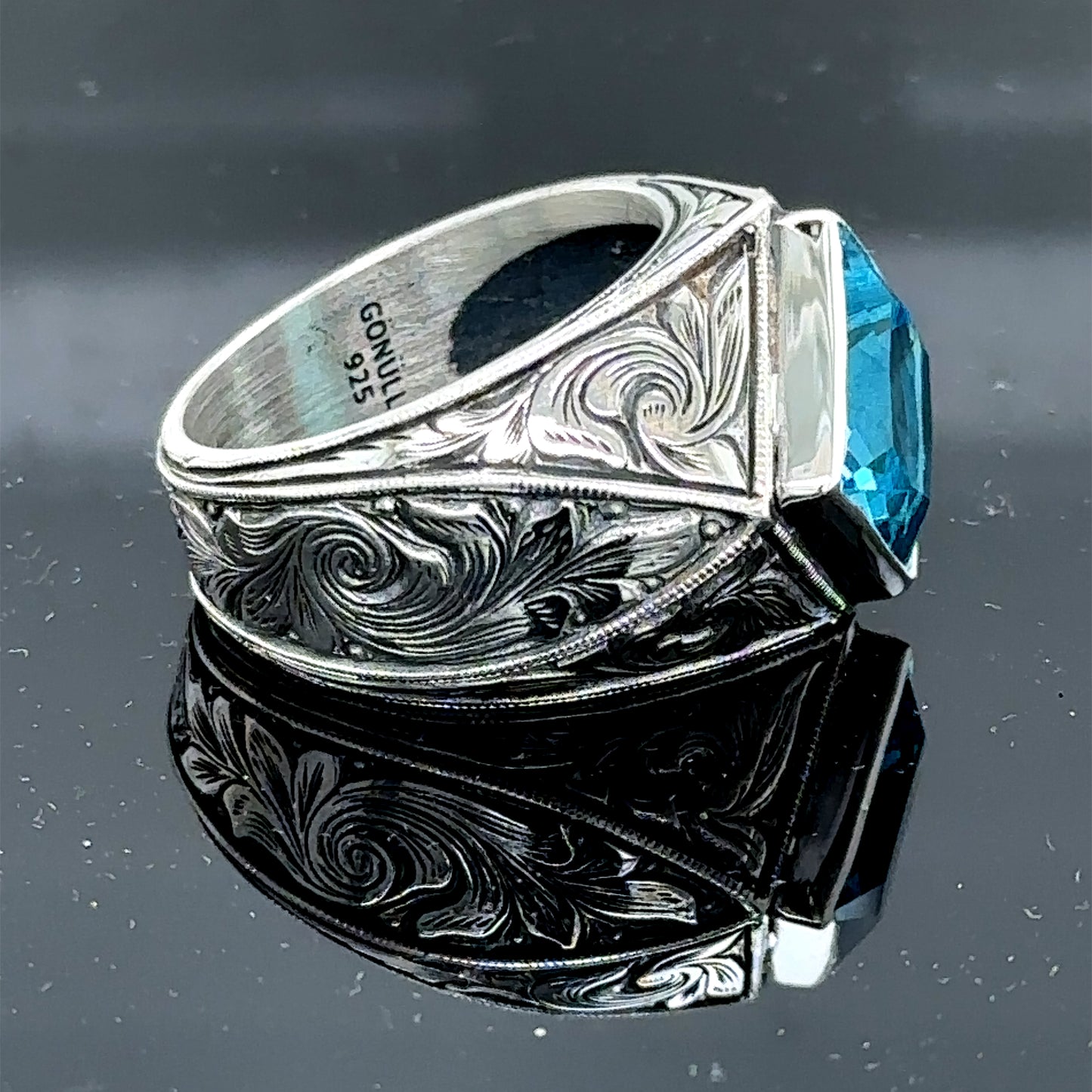 Men Handmade Square Aquamarine Stone Engraved Ring