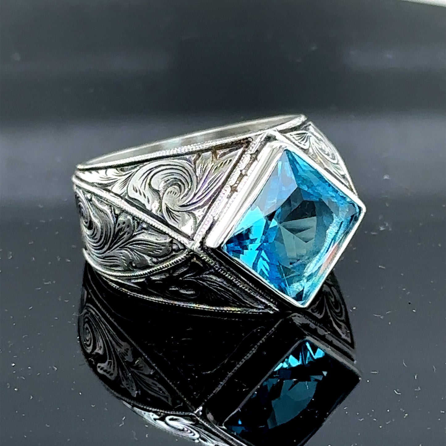 Men Handmade Square Aquamarine Stone Engraved Ring