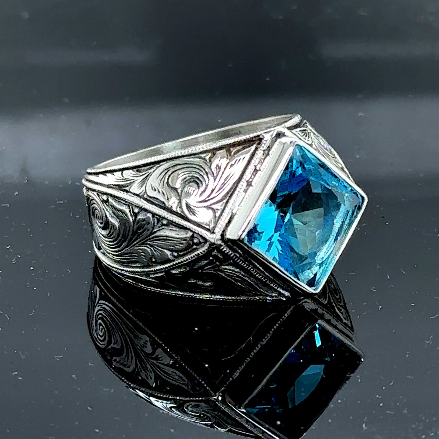 Men Handmade Square Aquamarine Stone Engraved Ring