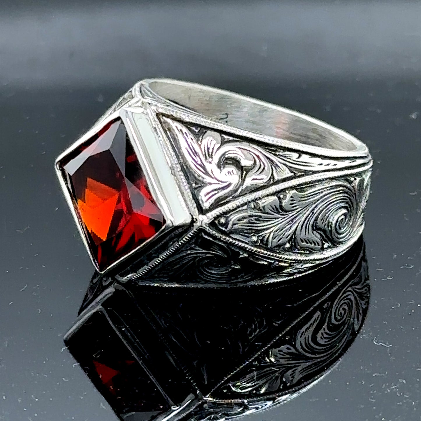 Men Silver Square Engraved Ruby Gemstone Ring