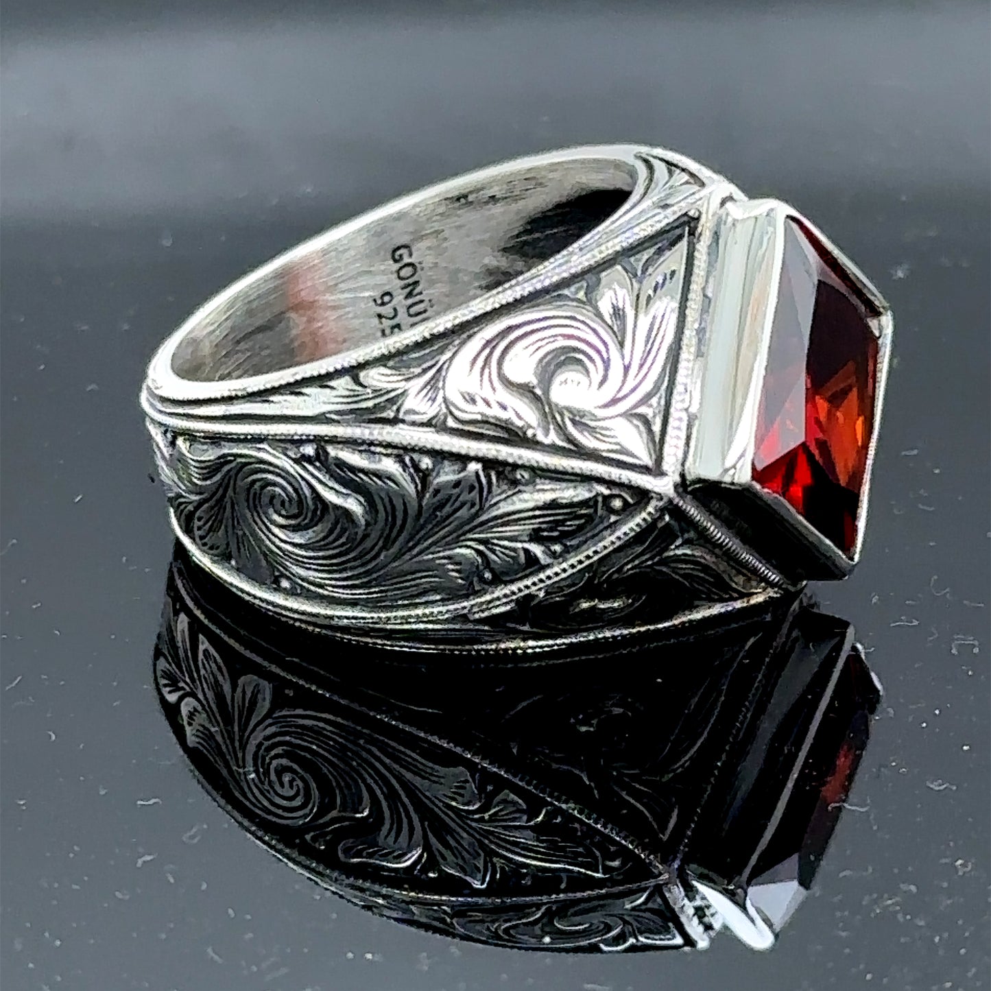 Men Silver Square Engraved Ruby Gemstone Ring