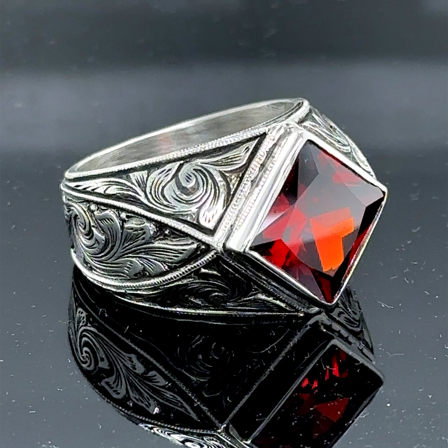 Men Silver Square Engraved Ruby Gemstone Ring