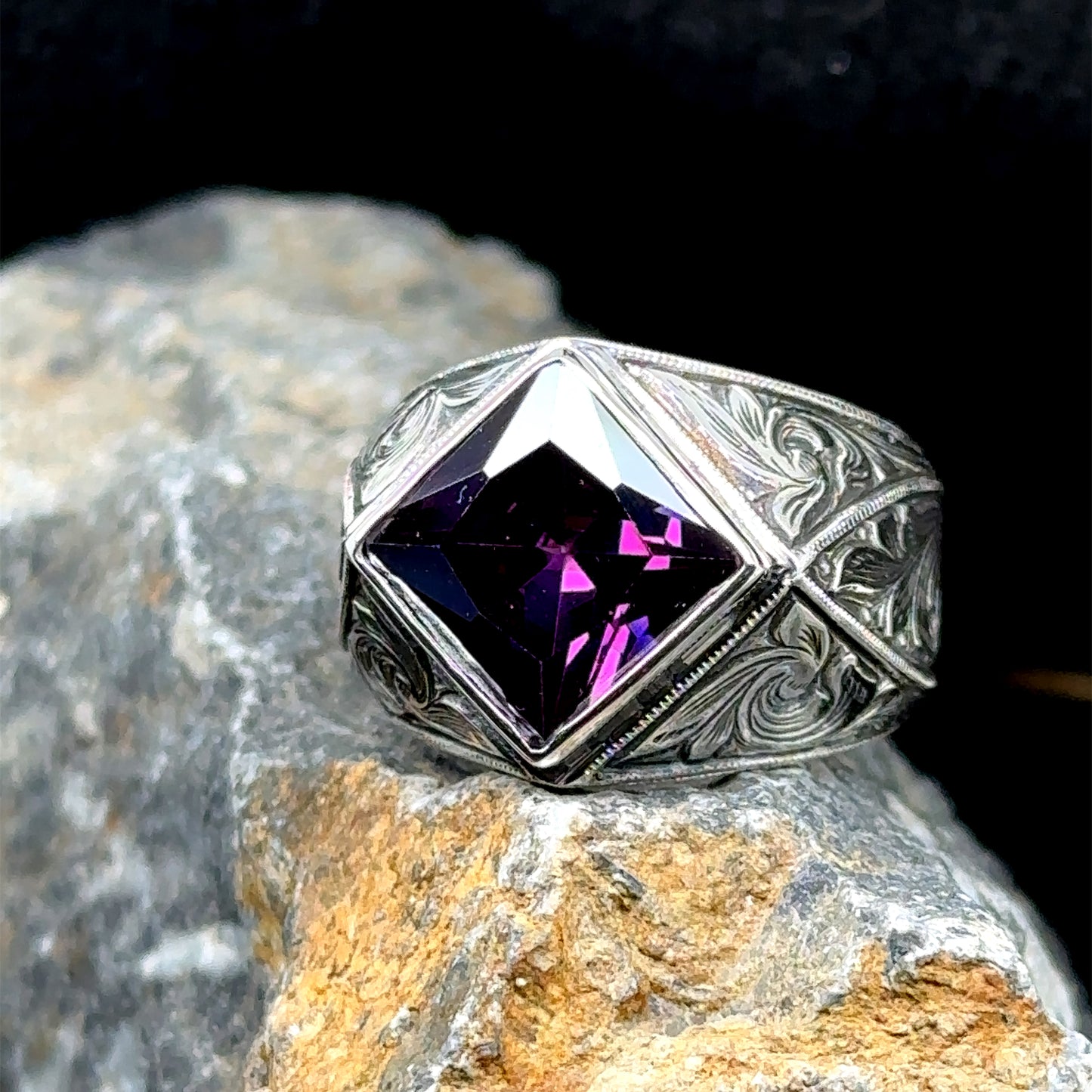 Silver Square Cut Amethyst Engraved Vintage Engagement Ring