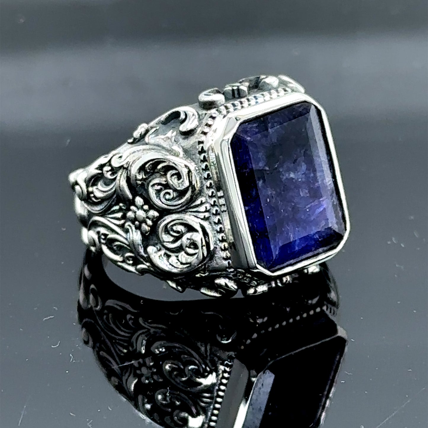 Men Handmade Engraved Natural Sapphire Stone Ring