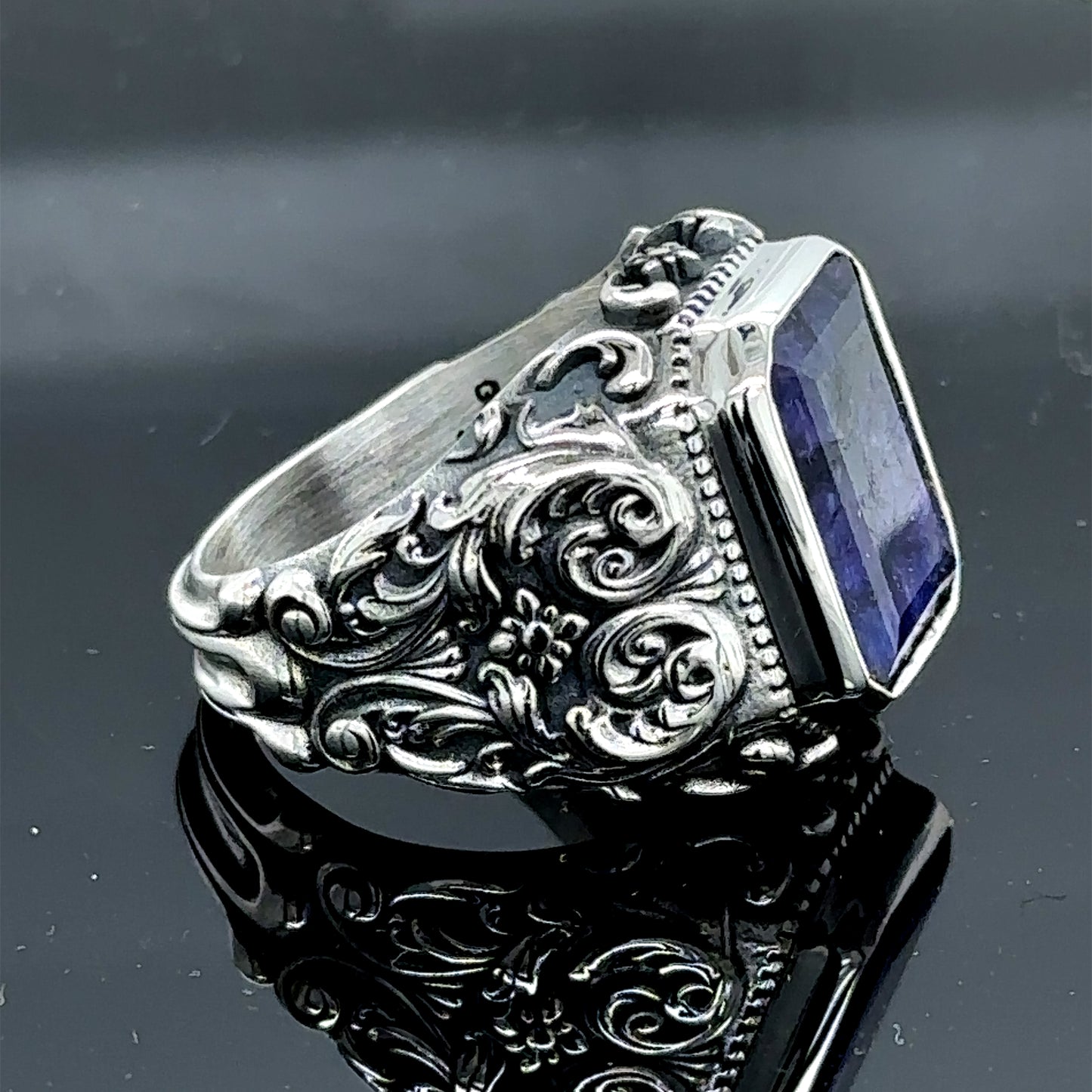 Men Handmade Engraved Natural Sapphire Stone Ring