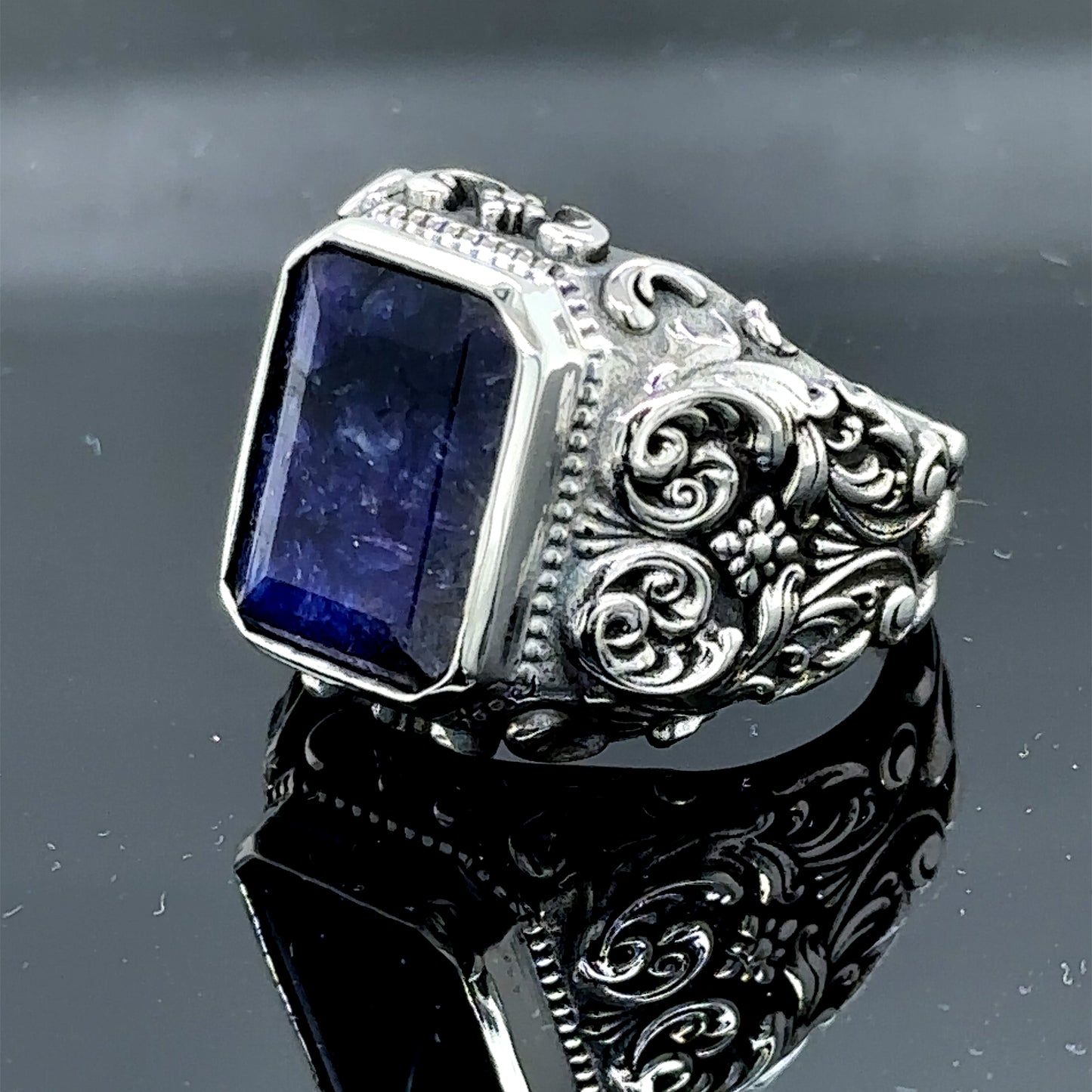 Men Handmade Engraved Natural Sapphire Stone Ring