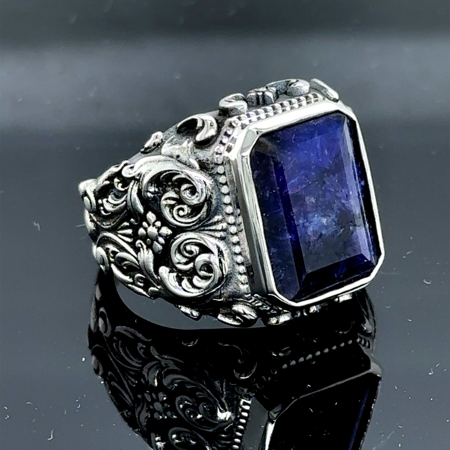 Men Handmade Engraved Natural Sapphire Stone Ring