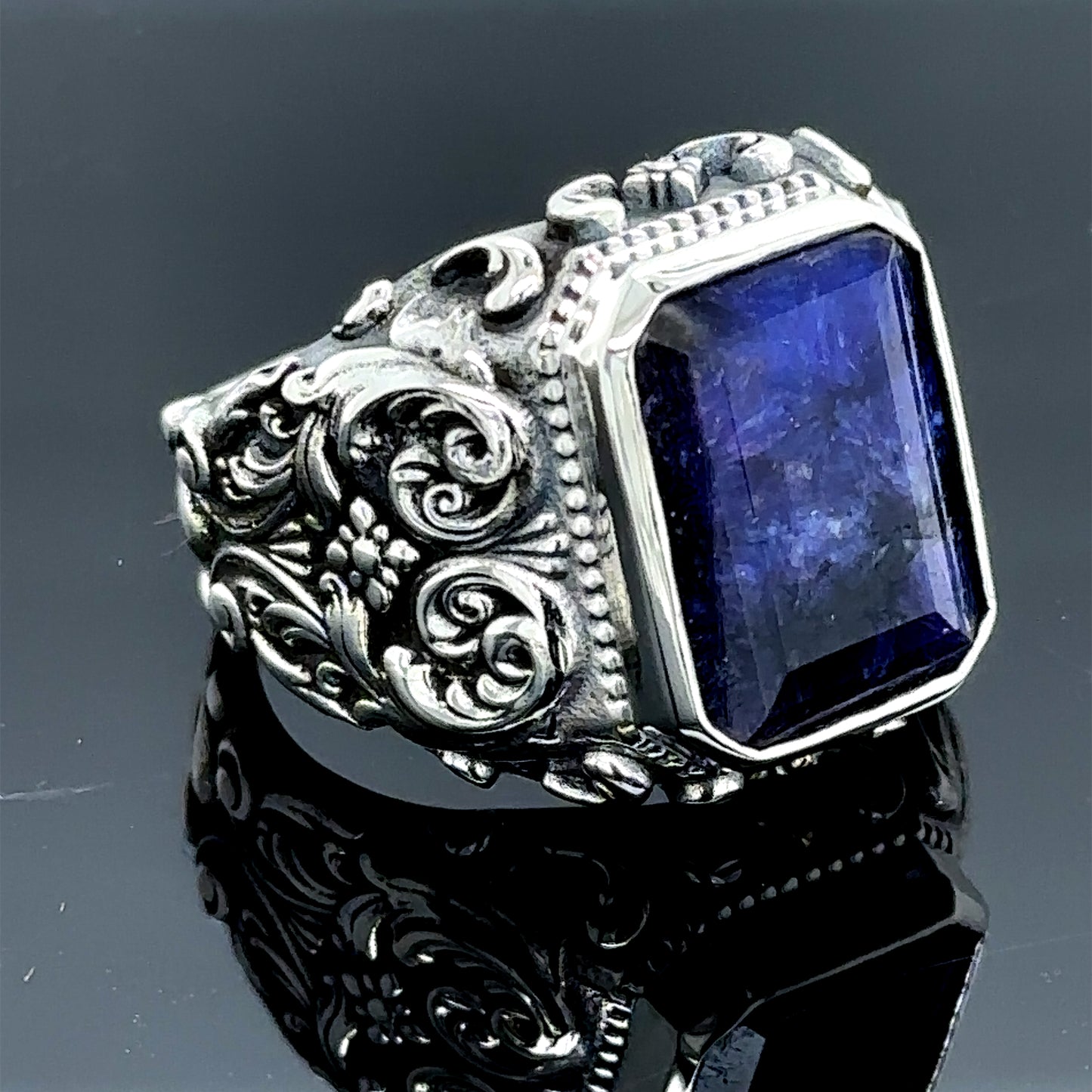 Men Handmade Engraved Natural Sapphire Stone Ring