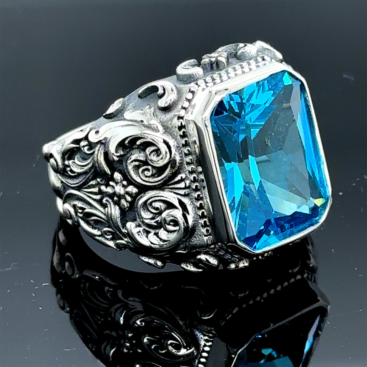 Anillo de plata hecho a mano con aguamarina grabada para hombre (Envío exprés) 