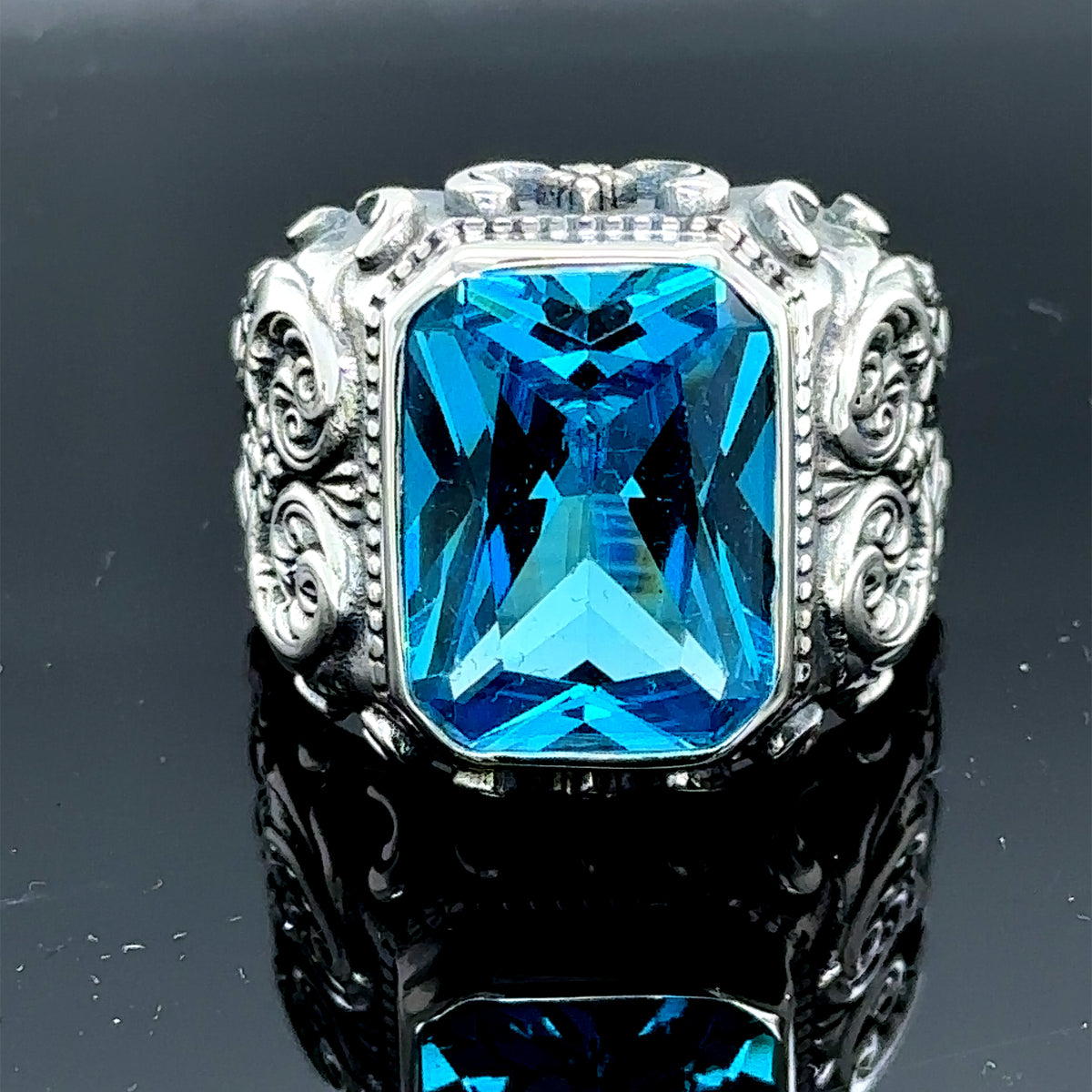 Anillo de plata hecho a mano con aguamarina grabada para hombre (Envío exprés) 