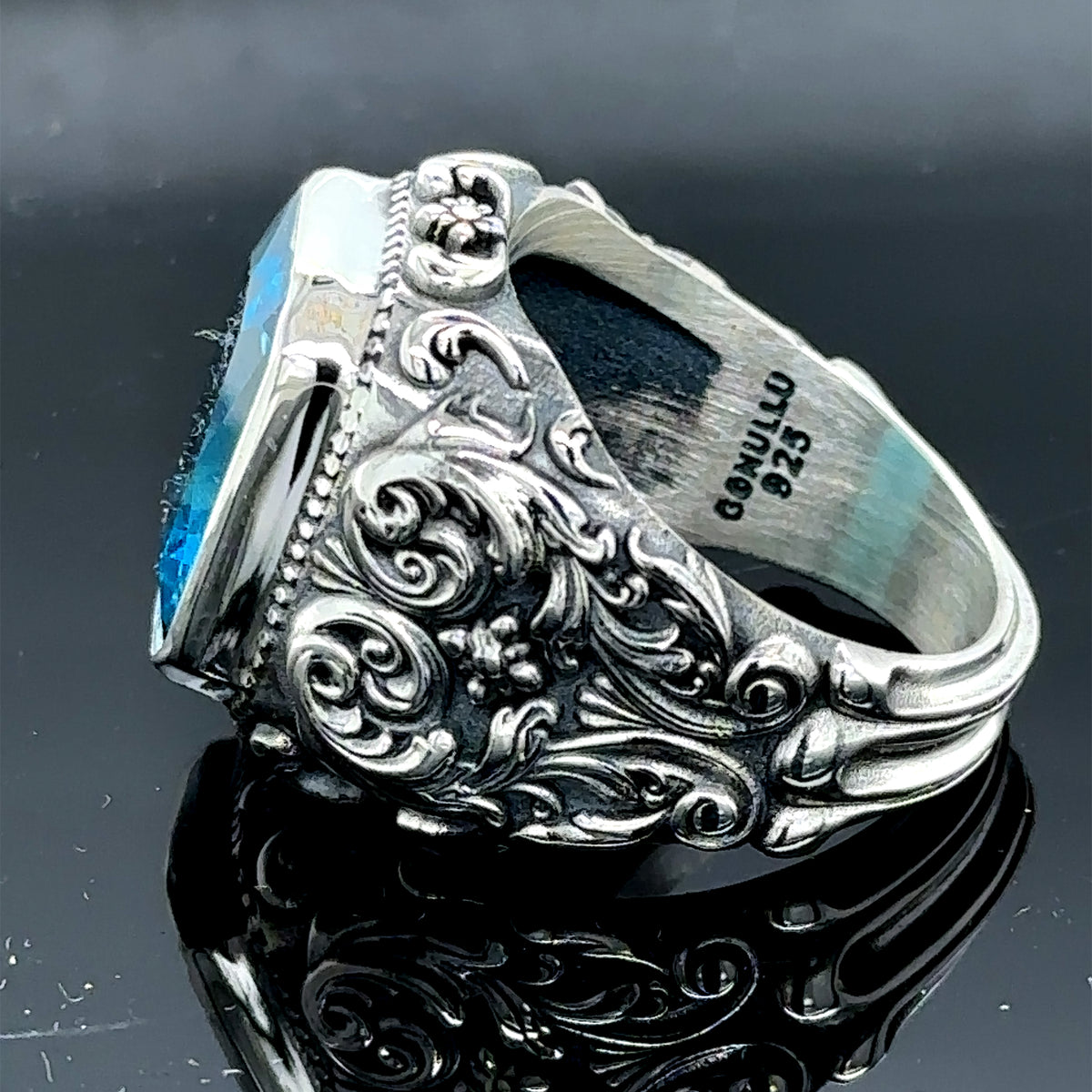 Anillo de plata hecho a mano con aguamarina grabada para hombre (Envío exprés) 