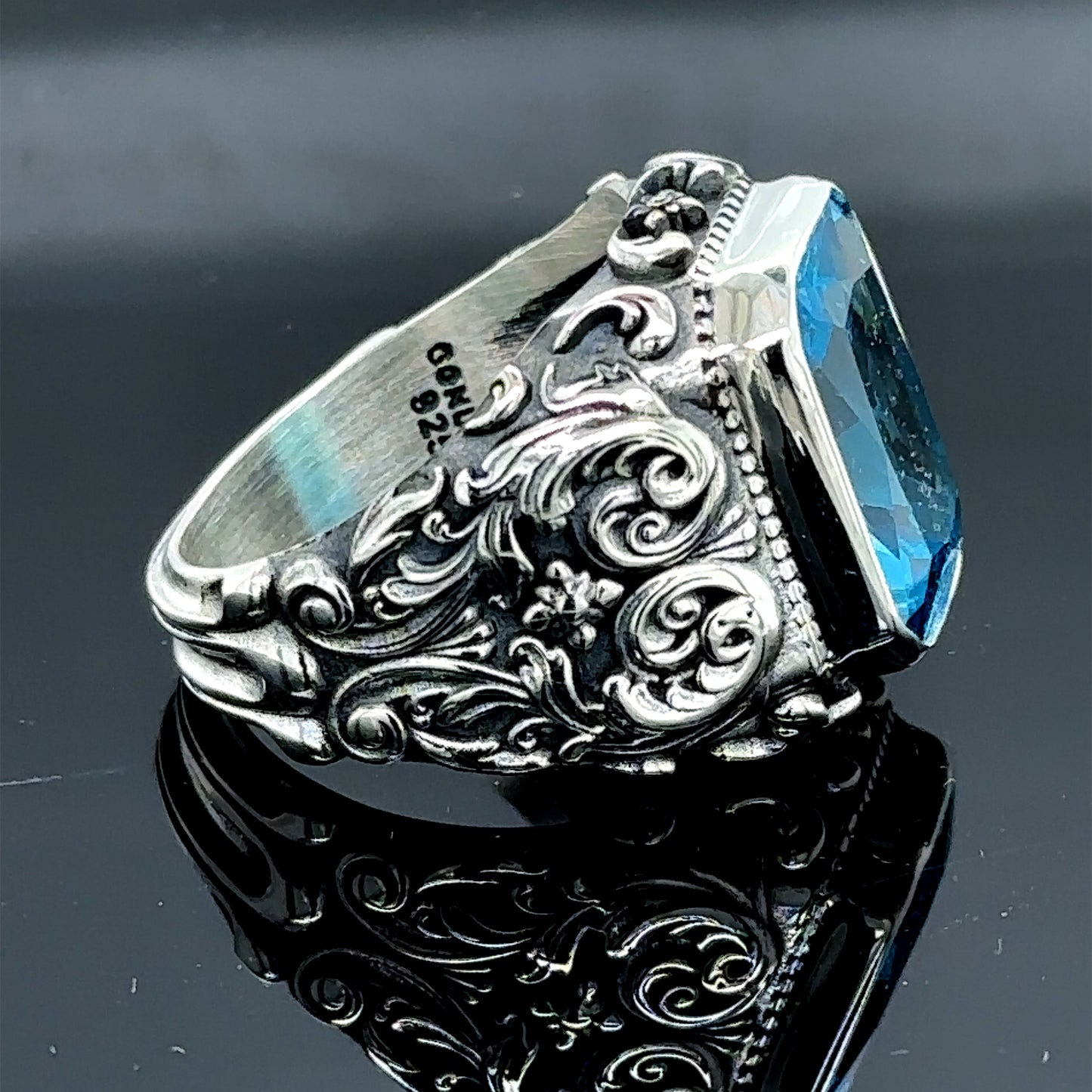 Silver Handmade Men Engraved Aquamarine Stone Ring