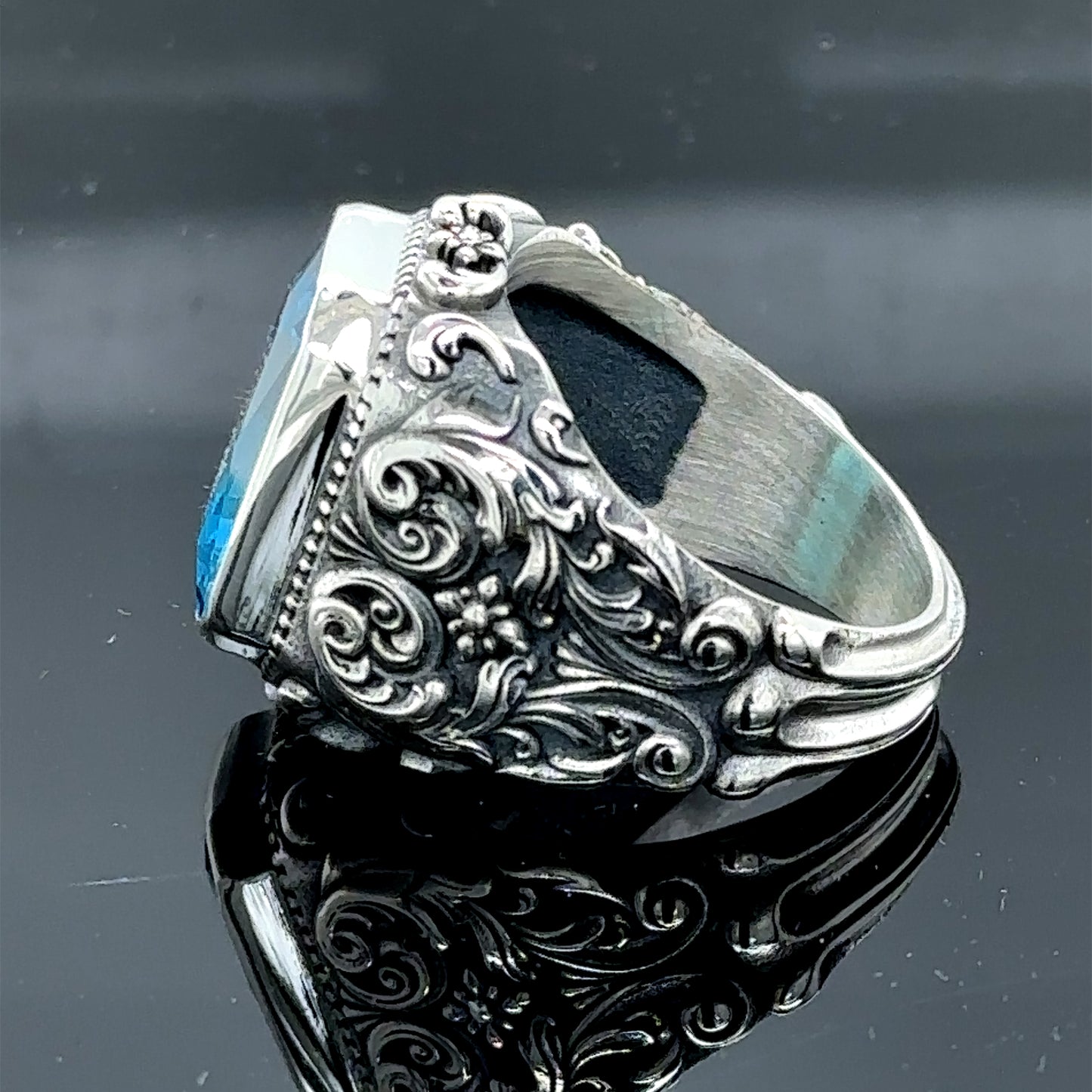 Silver Handmade Men Engraved Aquamarine Stone Ring