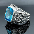 Anillo de plata hecho a mano con aguamarina grabada para hombre (Envío exprés) 
