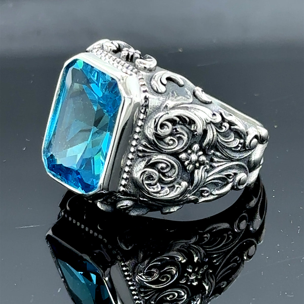 Anillo de plata hecho a mano con aguamarina grabada para hombre (Envío exprés) 