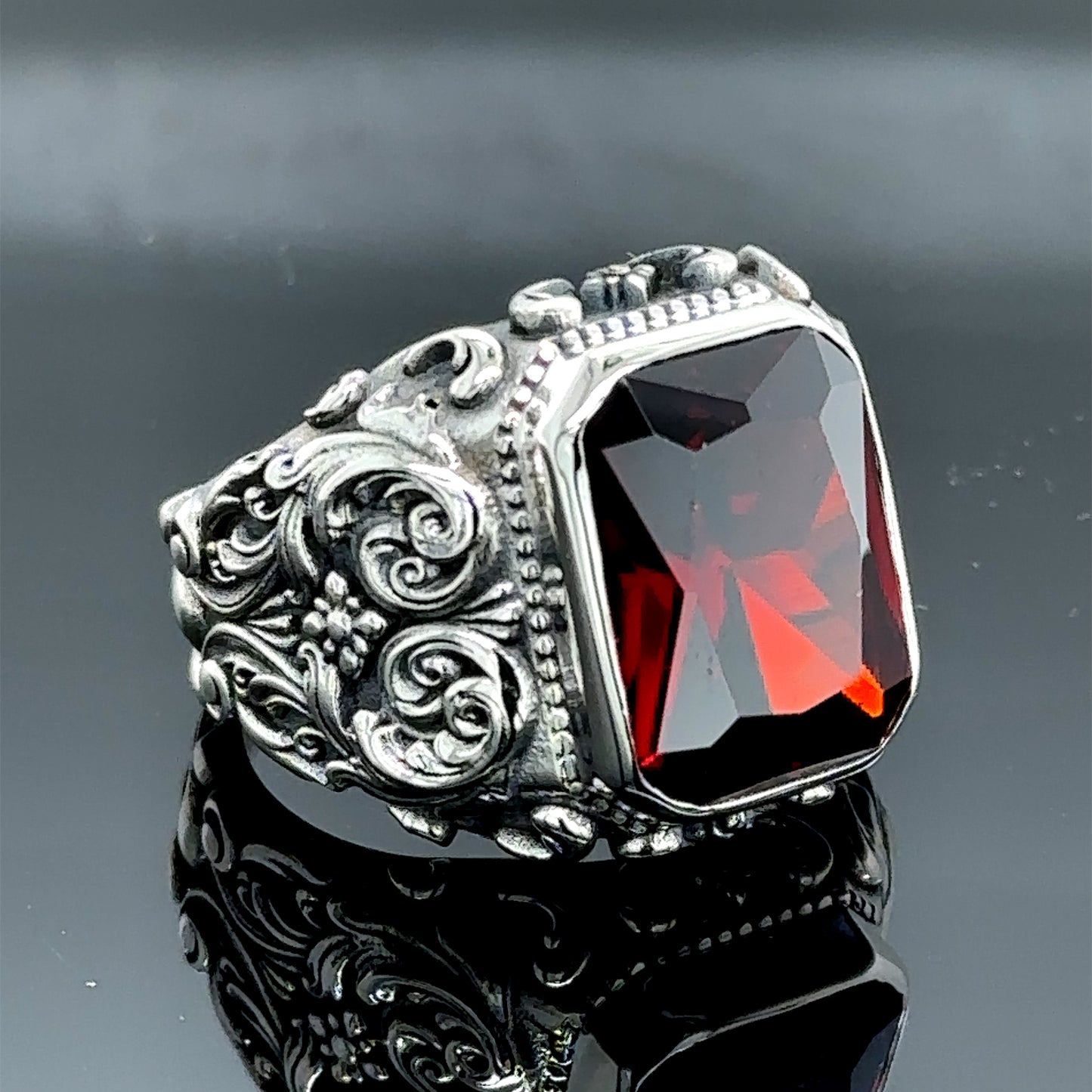 Men Silver Handmade Garnet Ruby Stone Engraved Ring