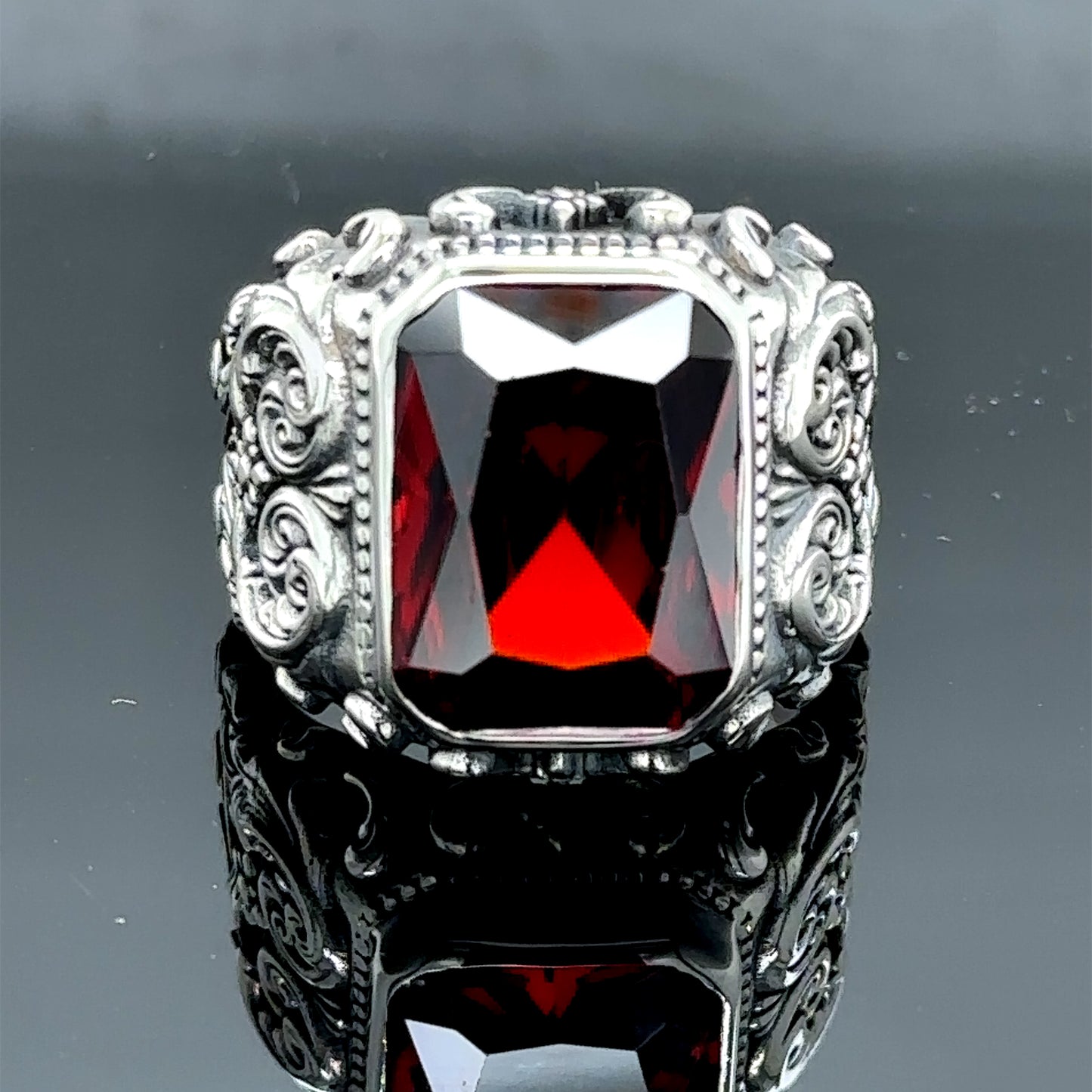 Men Silver Handmade Garnet Ruby Stone Engraved Ring