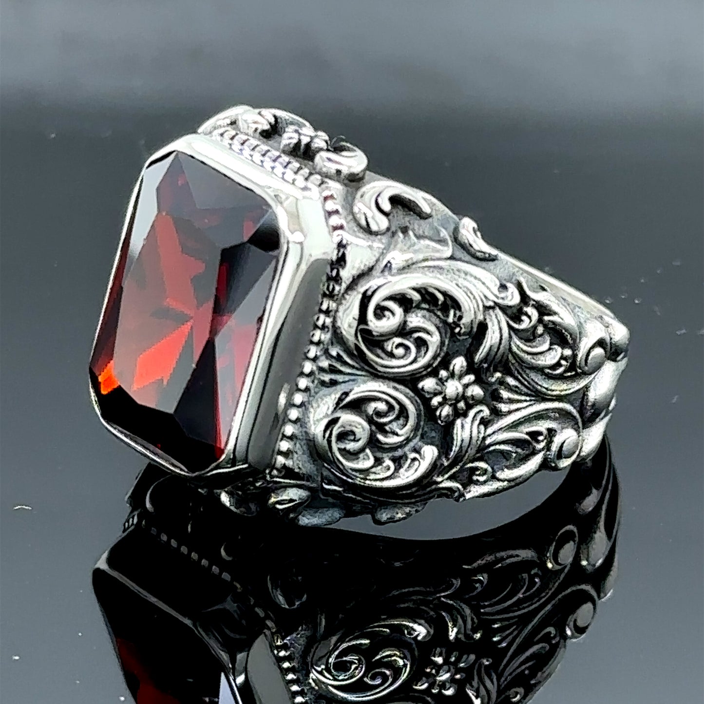 Men Silver Handmade Garnet Ruby Stone Engraved Ring