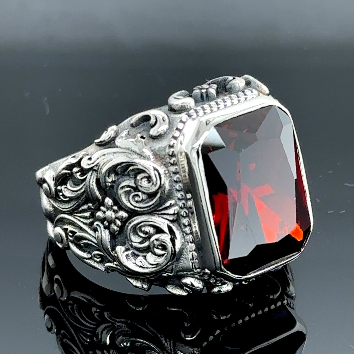 Men Silver Handmade Garnet Ruby Stone Engraved Ring