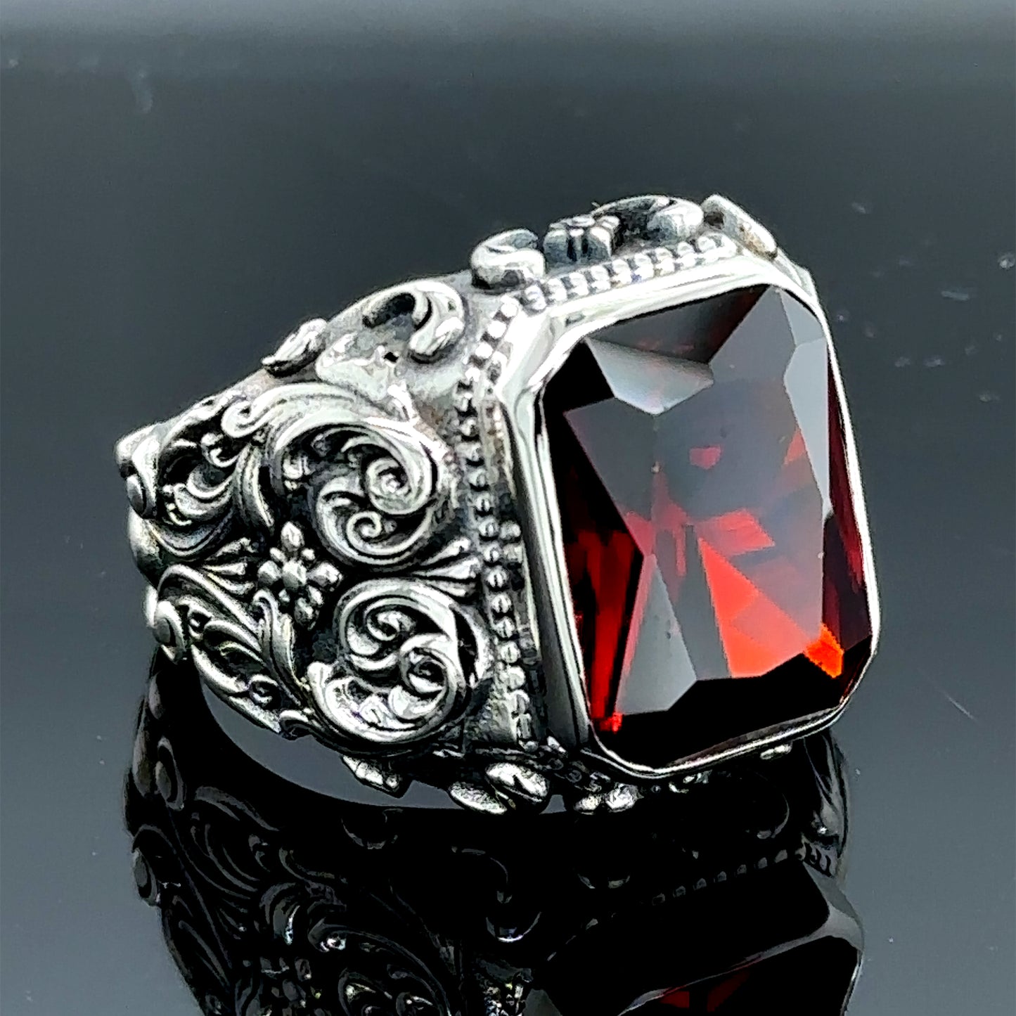 Men Silver Handmade Garnet Ruby Stone Engraved Ring