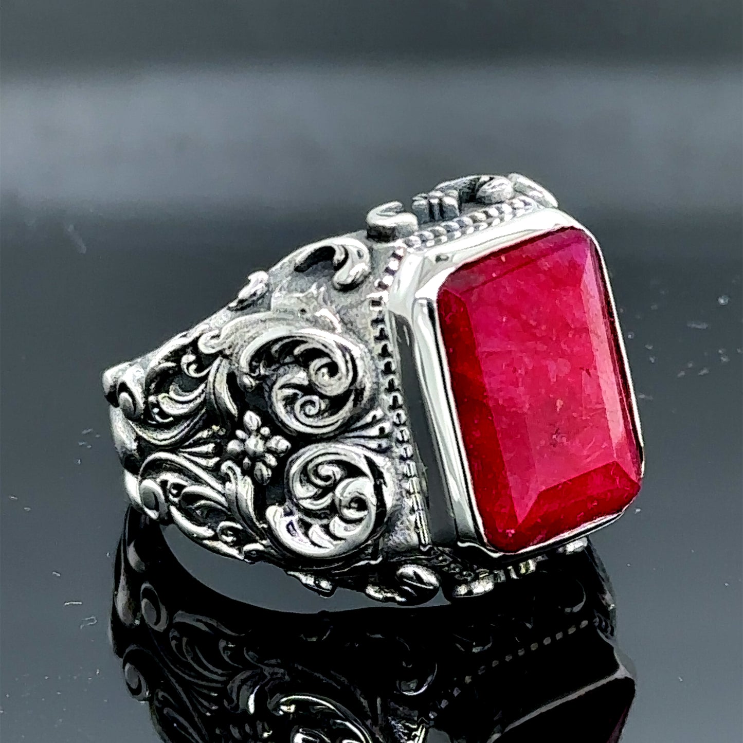 Men Silver Handmade Natural Ruby Stone Engraved Ring