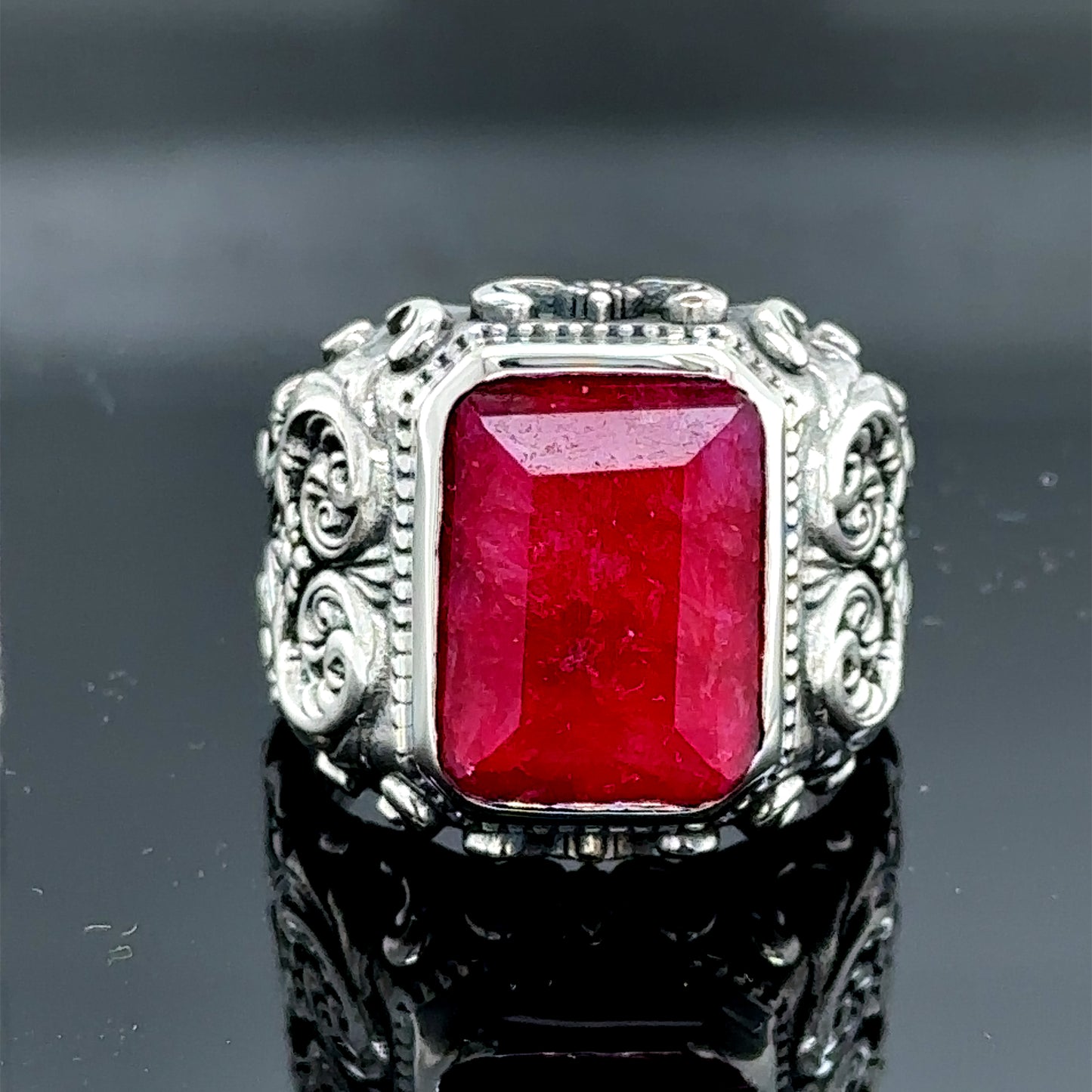 Men Silver Handmade Natural Ruby Stone Engraved Ring