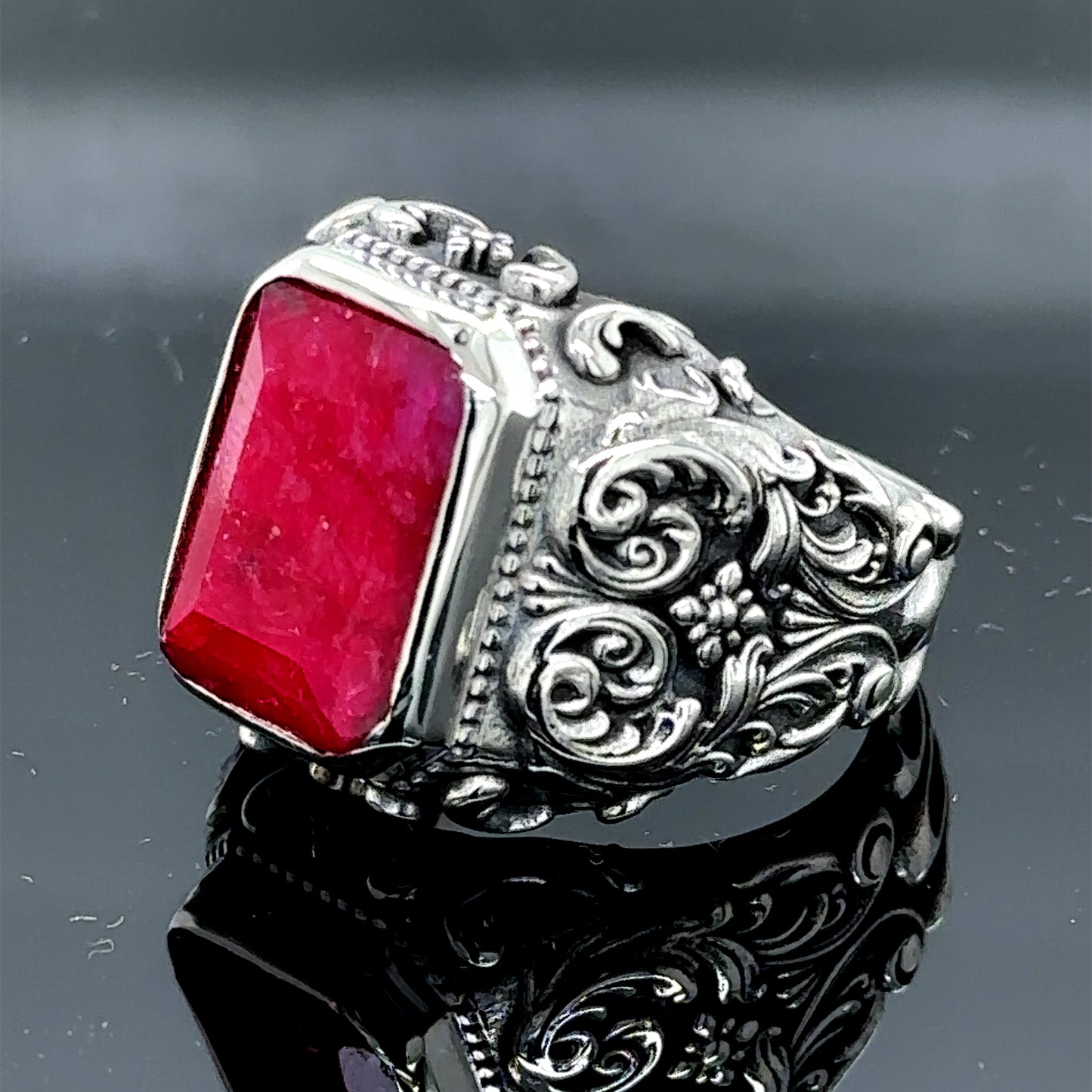 Men Silver Handmade Natural Ruby Stone Engraved Ring