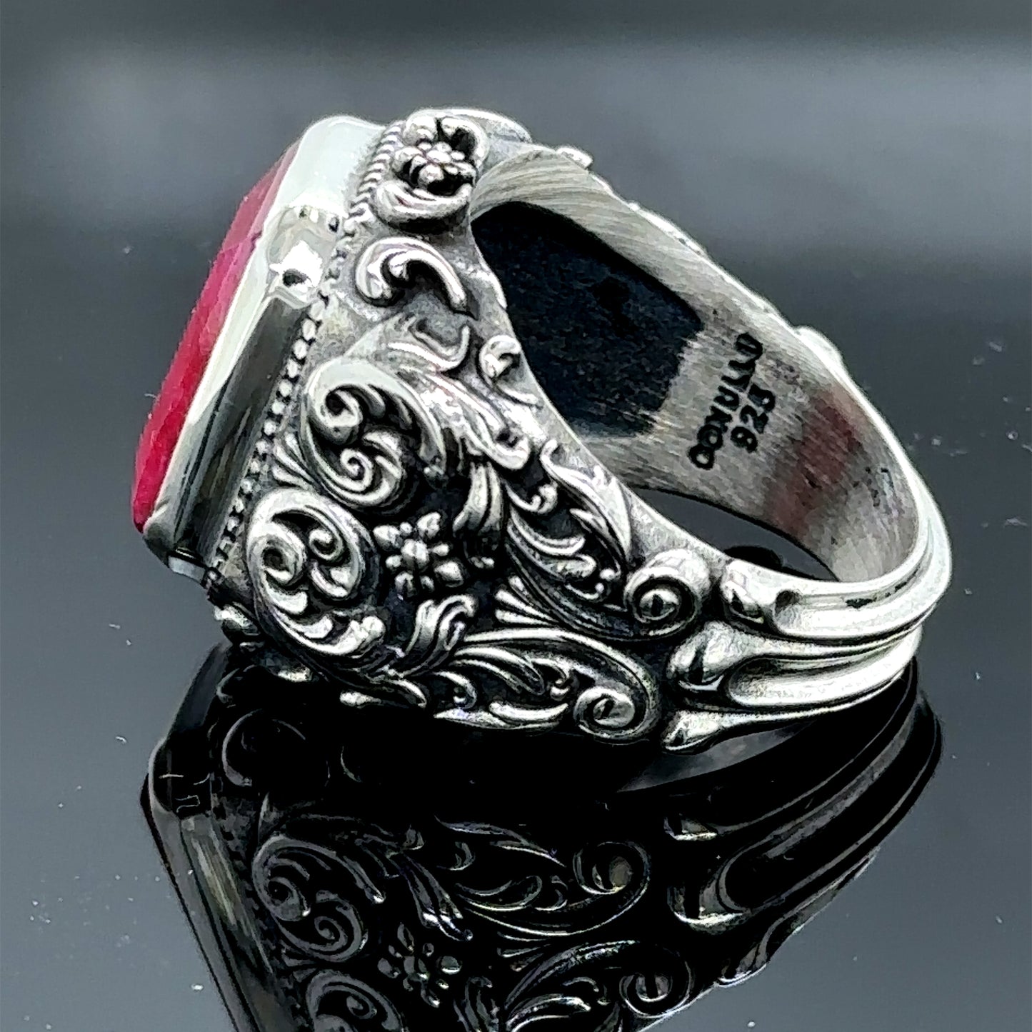 Men Silver Handmade Natural Ruby Stone Engraved Ring