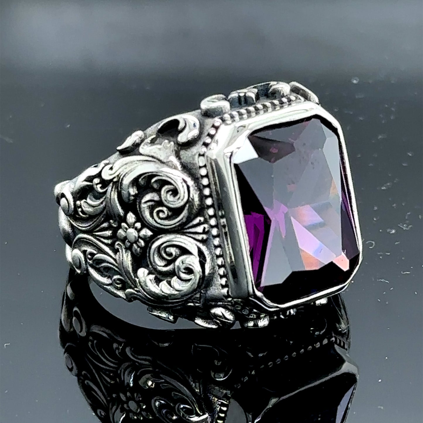 Men Silver Handmade Engraved Square Amethyst Ring