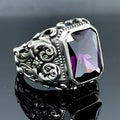 Men Silver Handmade Engraved Square Amethyst Ring