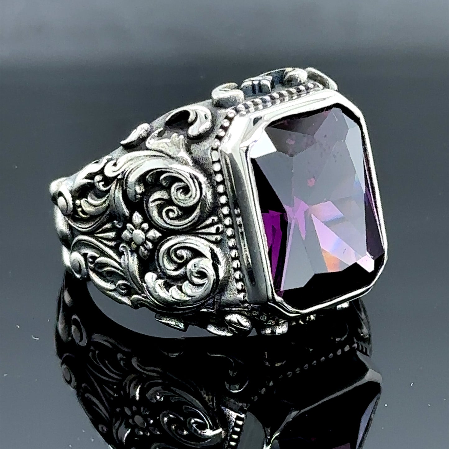 Men Silver Handmade Engraved Square Amethyst Ring