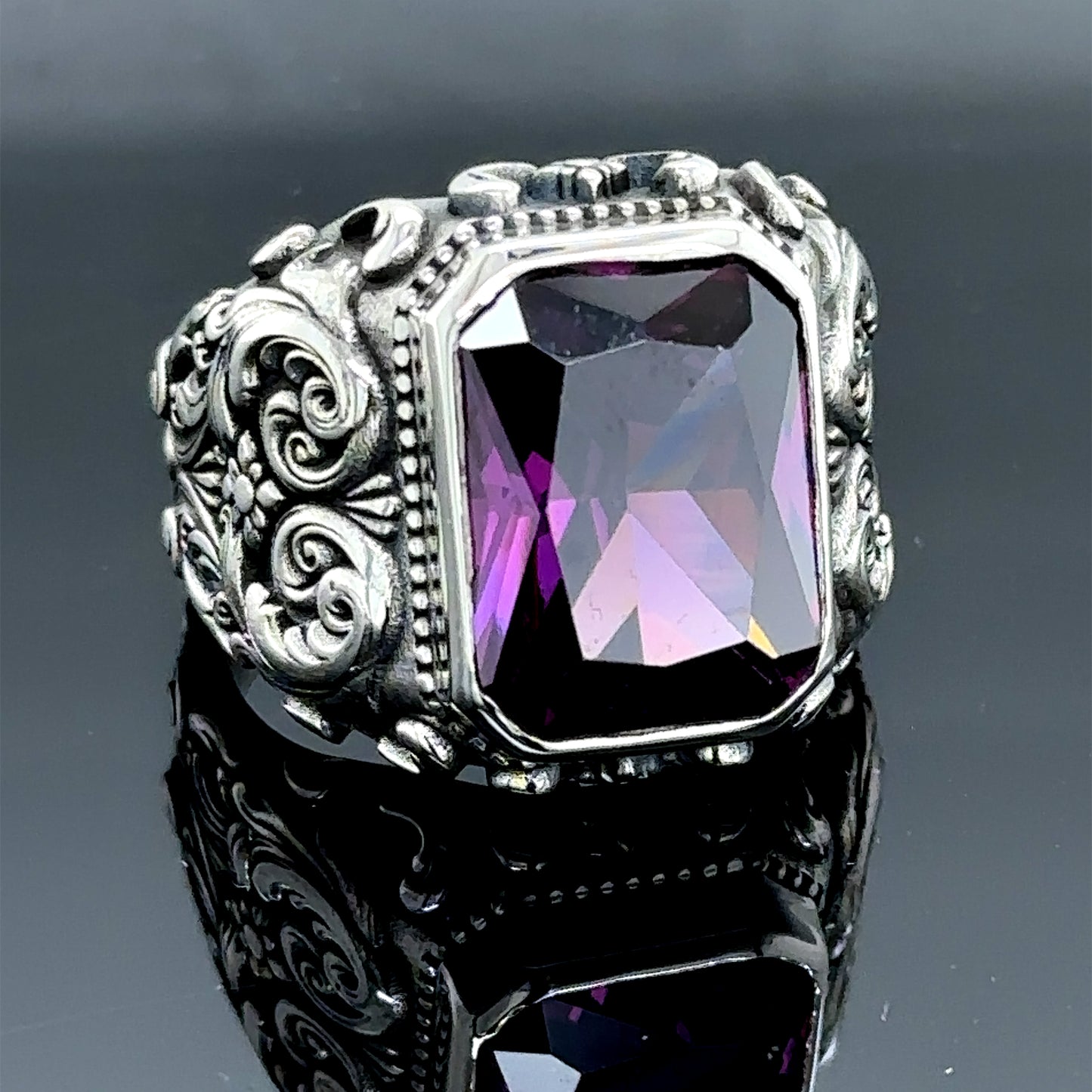 Men Silver Handmade Engraved Square Amethyst Ring