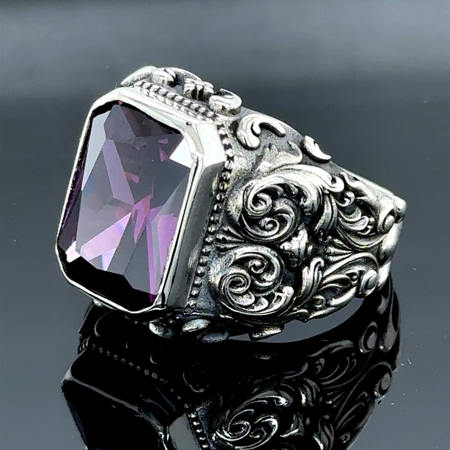 Men Silver Handmade Engraved Square Amethyst Ring