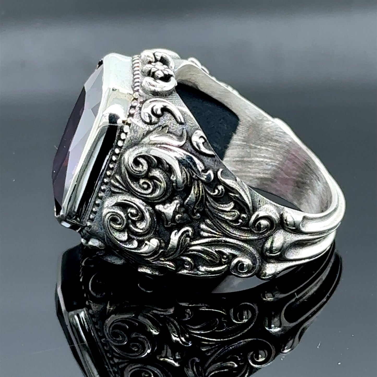 Men Silver Handmade Engraved Square Amethyst Ring