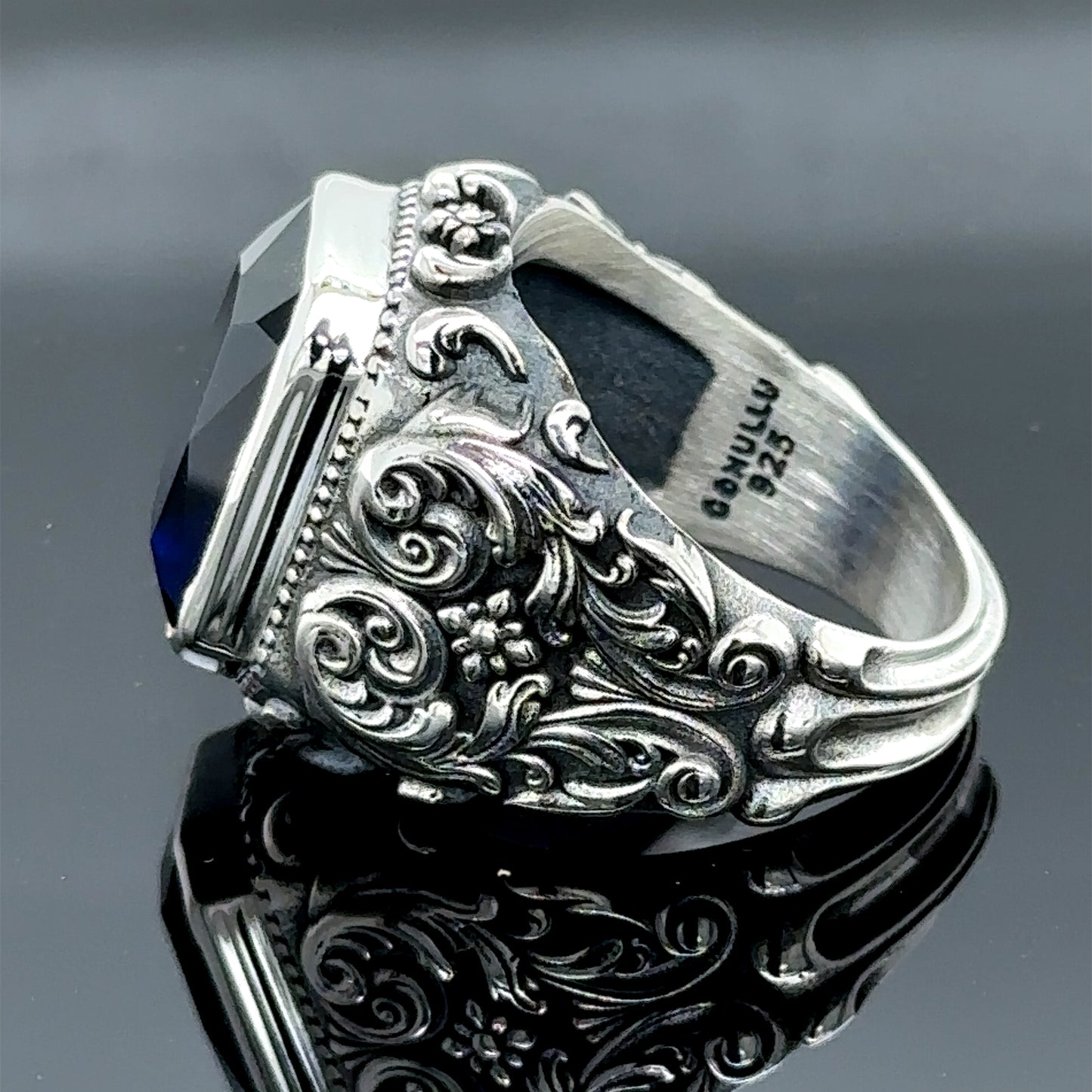 Silver Men Engraved Handmade Sapphire Stone Ring