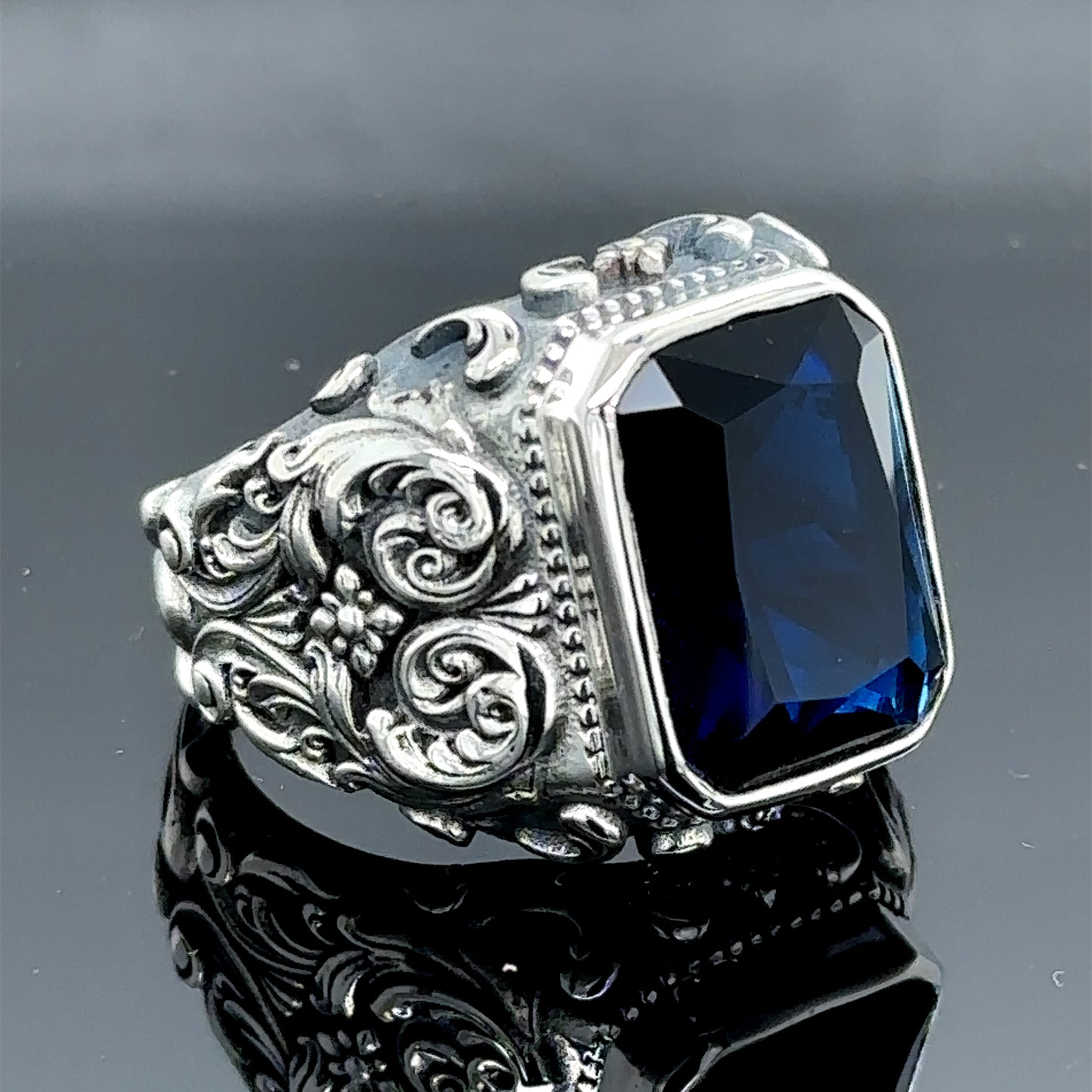 Silver Men Engraved Handmade Sapphire Stone Ring