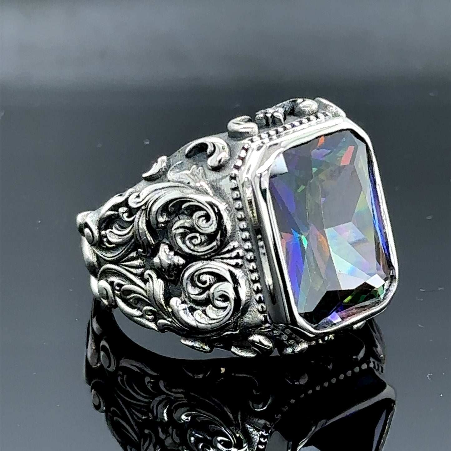 Men Silver Engraved Mystic Topaz Gemstone Ring