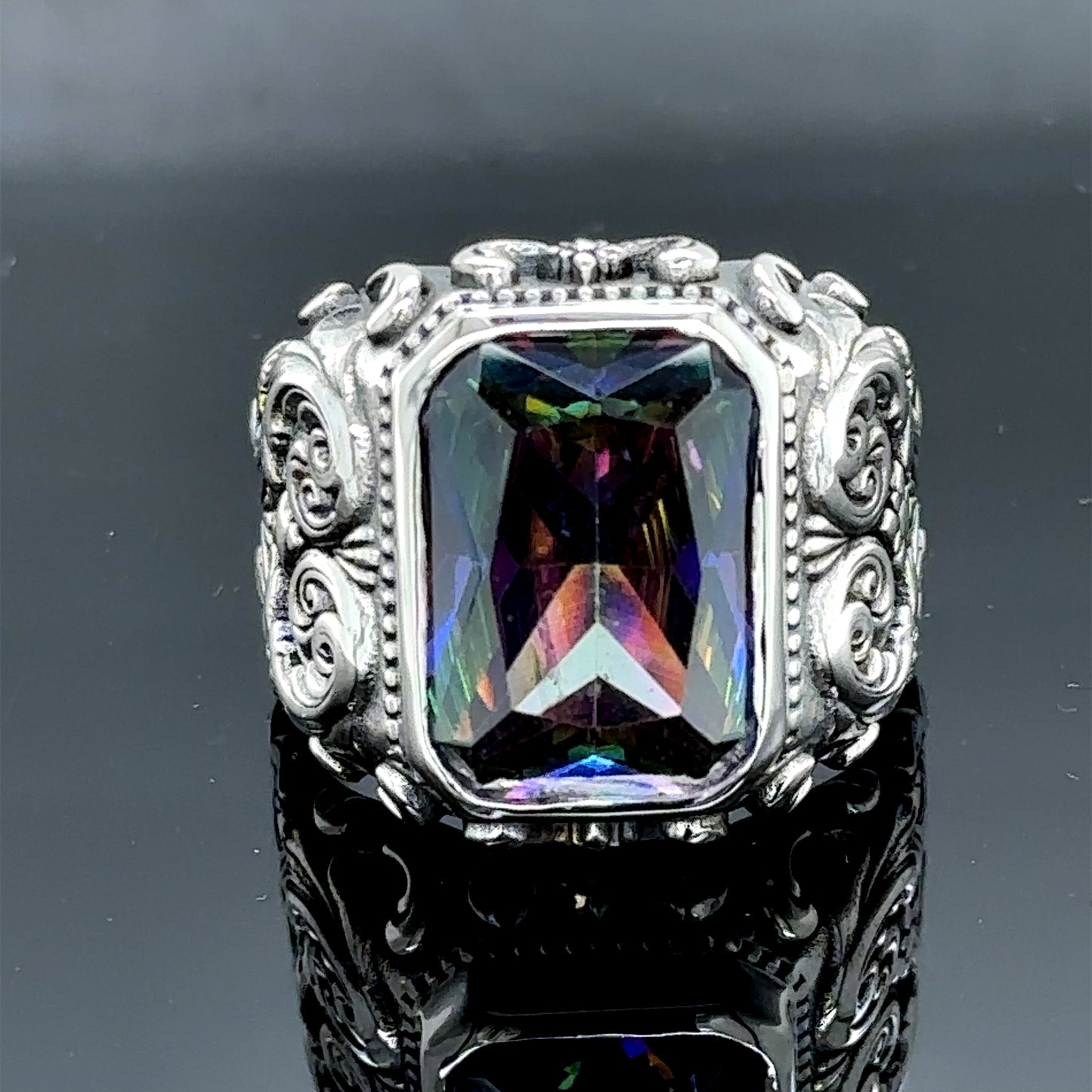 Men Silver Engraved Mystic Topaz Gemstone Ring