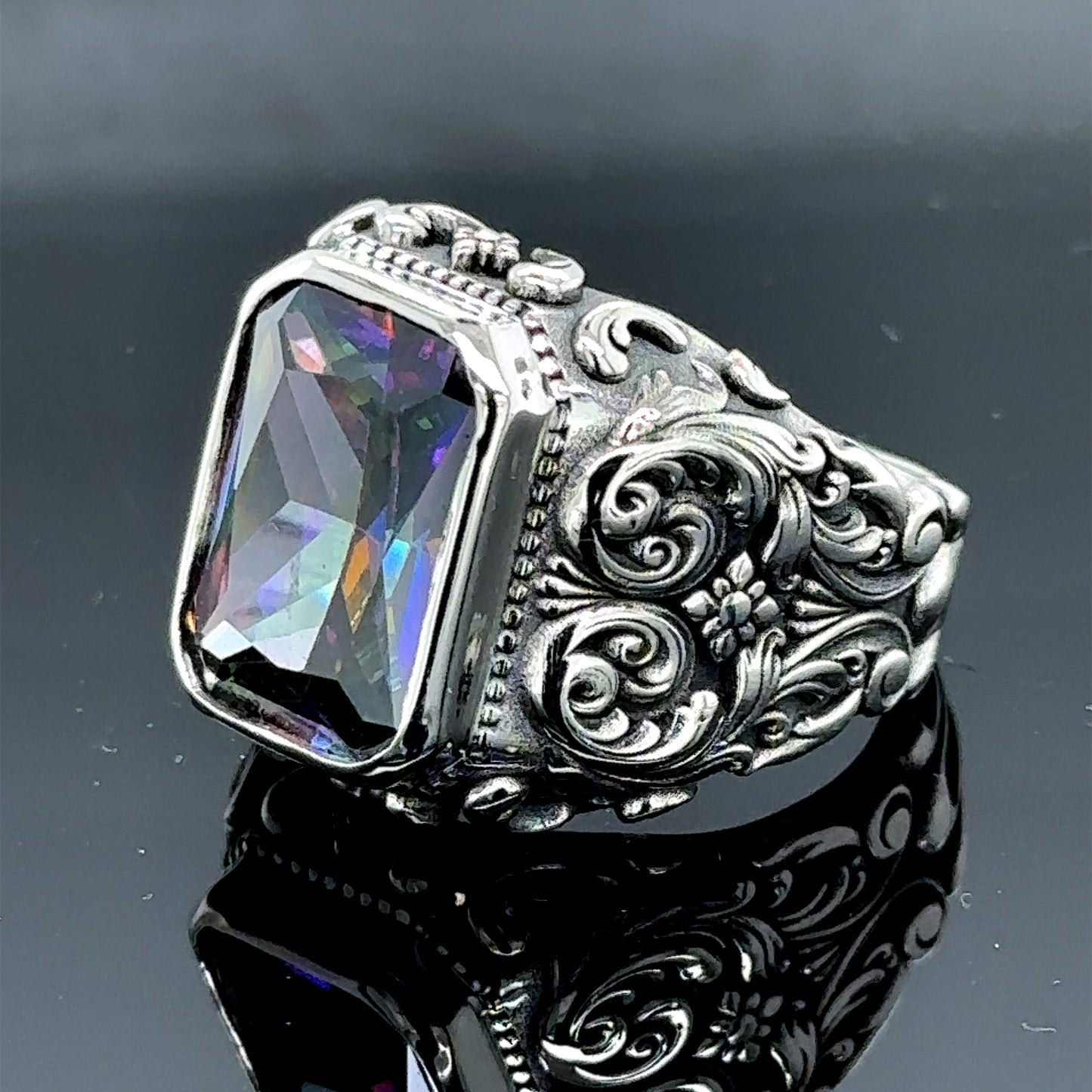 Men Silver Engraved Mystic Topaz Gemstone Ring