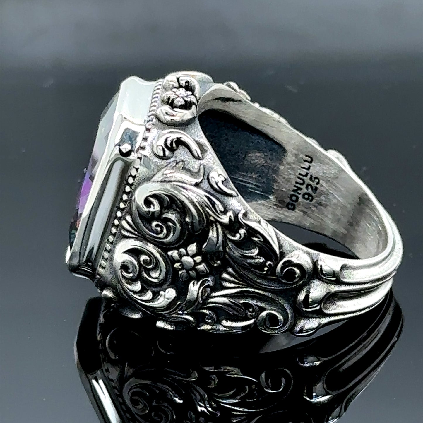 Men Silver Engraved Mystic Topaz Gemstone Ring