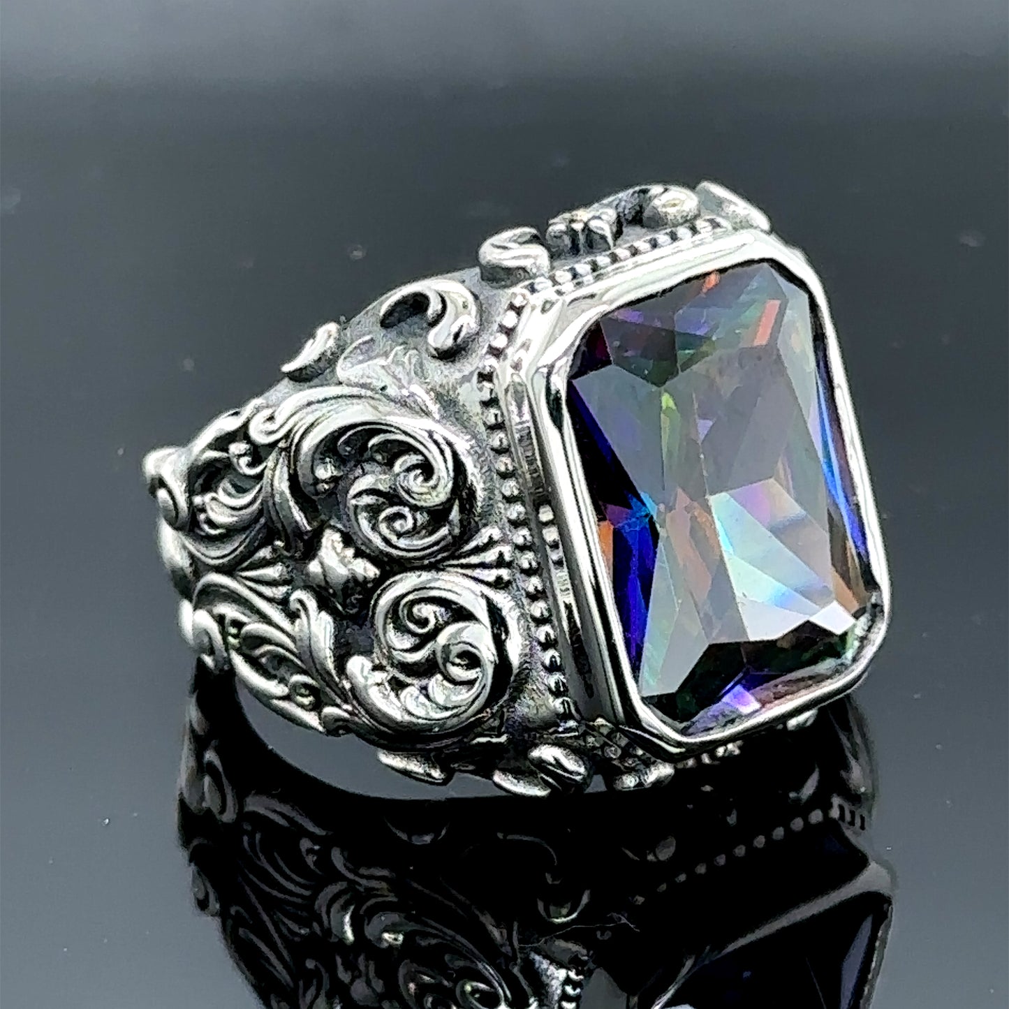 Men Silver Engraved Mystic Topaz Gemstone Ring