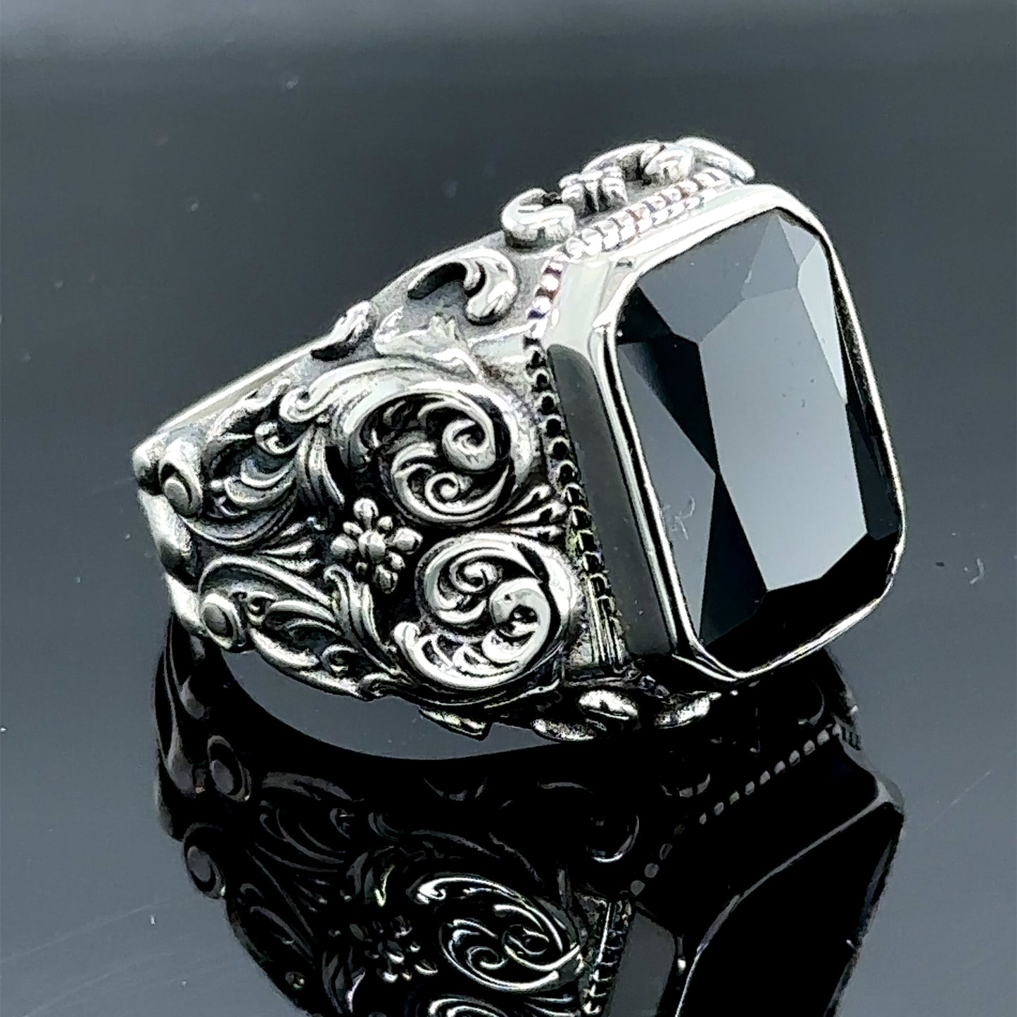 Men Handmade Black Zircon Stone Engraved Silver Ring